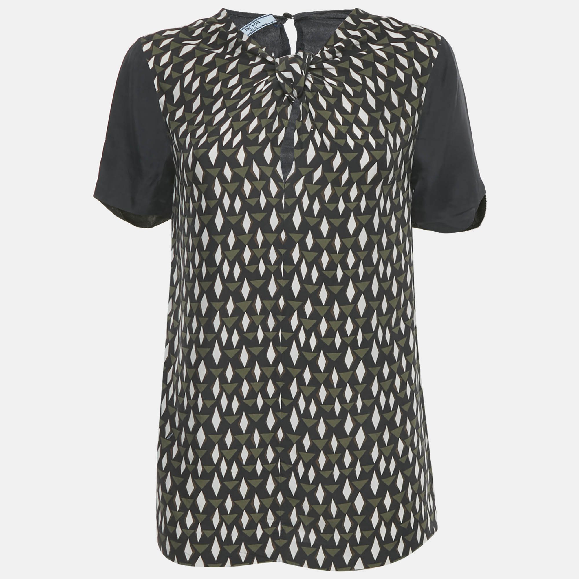 Pre-owned Prada Navy Blue Printed Silk Blouse S In Green