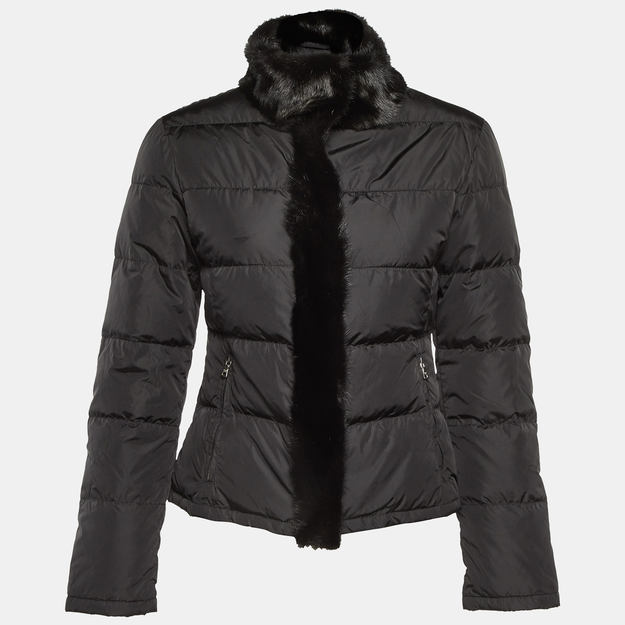 Pre-owned Prada Black Nylon Logo Applique Mink Fur Trim Puffer Jacket S