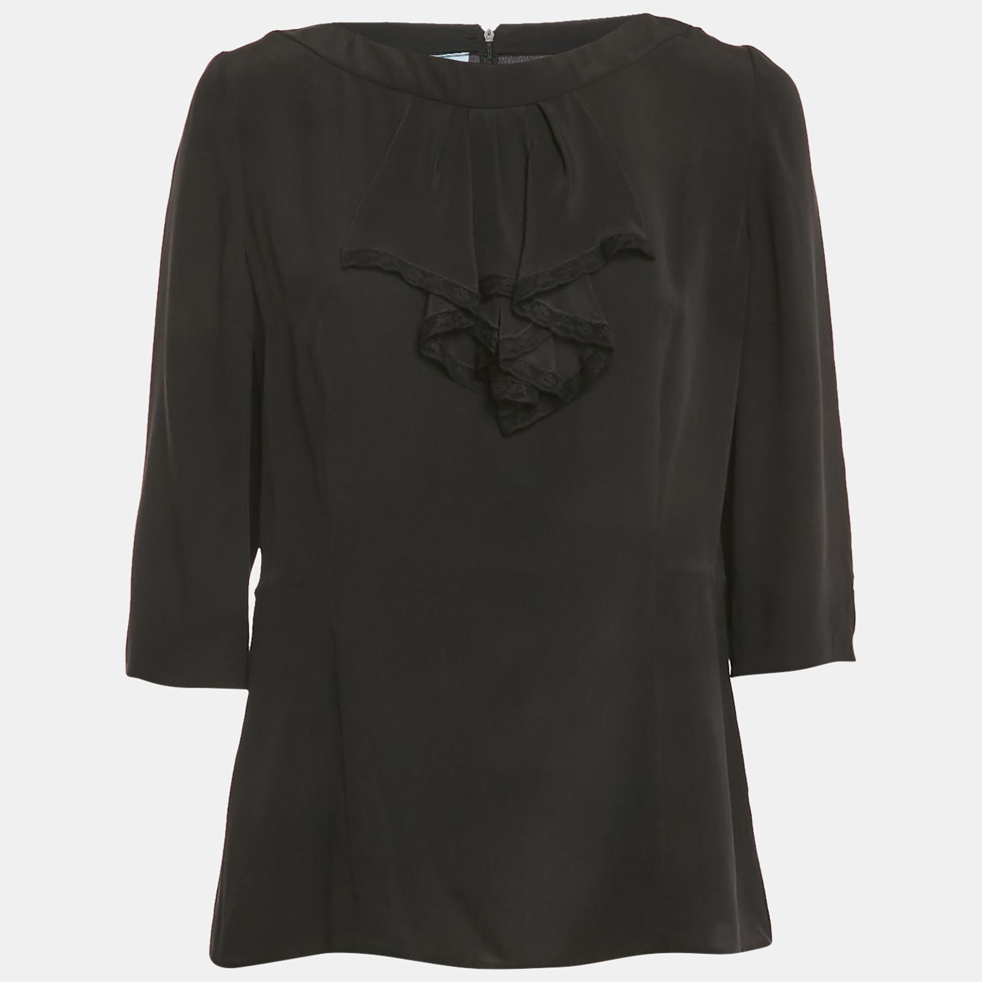 Prada Black Silk Neck Frill Detail Blouse L