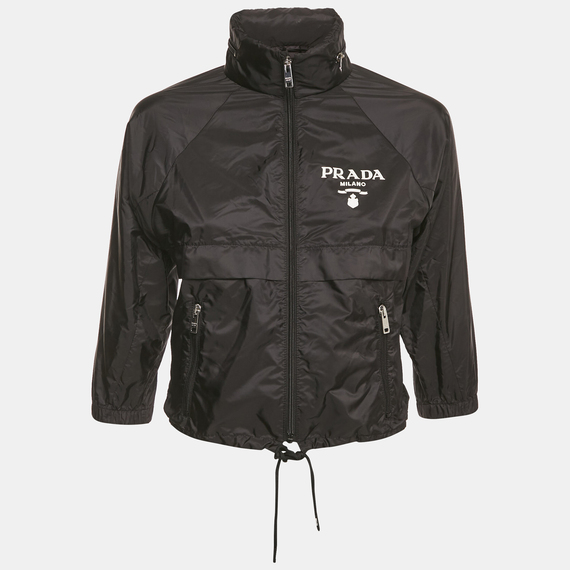 Pre-owned Prada Black Re-nylon Zip-up Hooded Jacket S