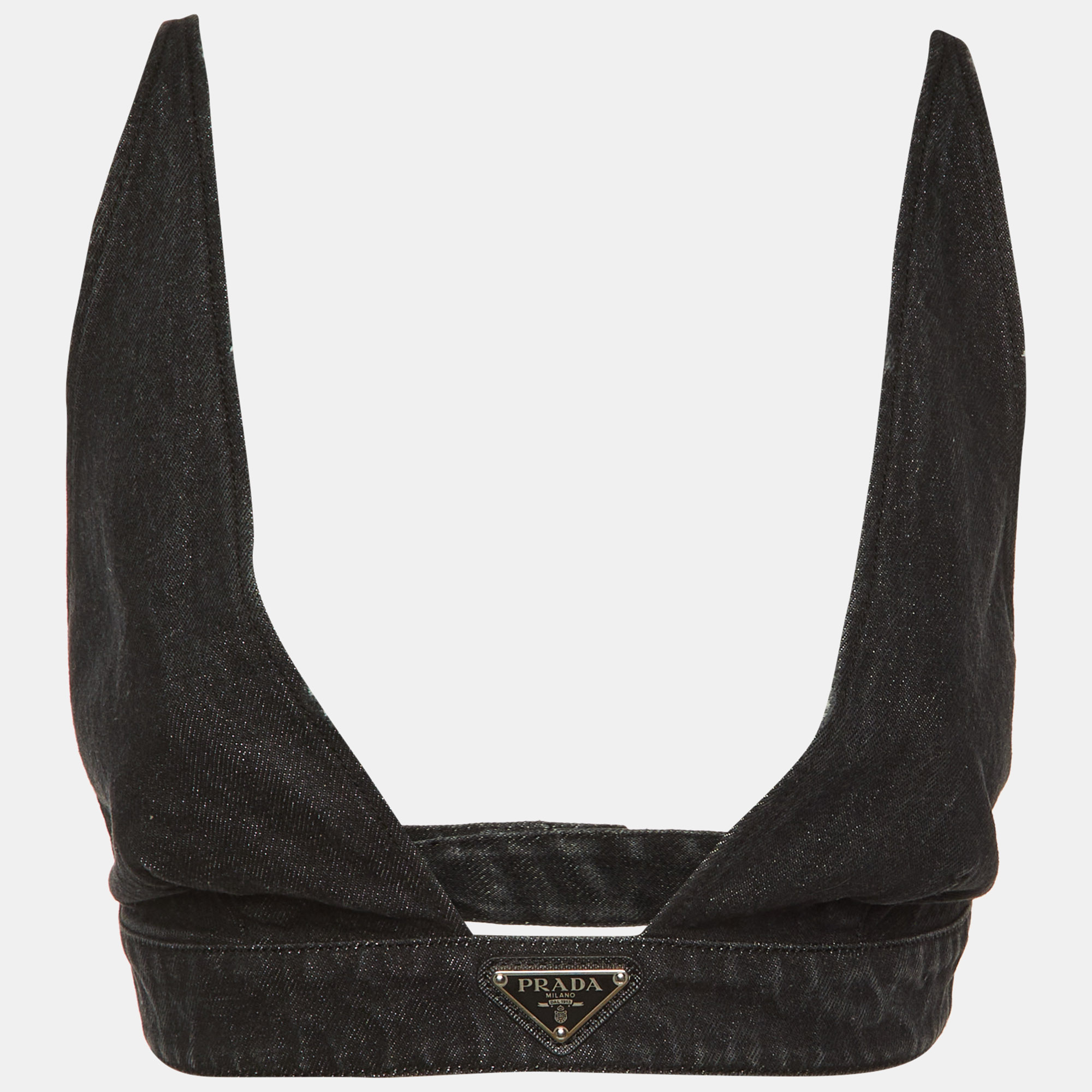 Pre-owned Prada Black Denim Logo Plaque Bralette M