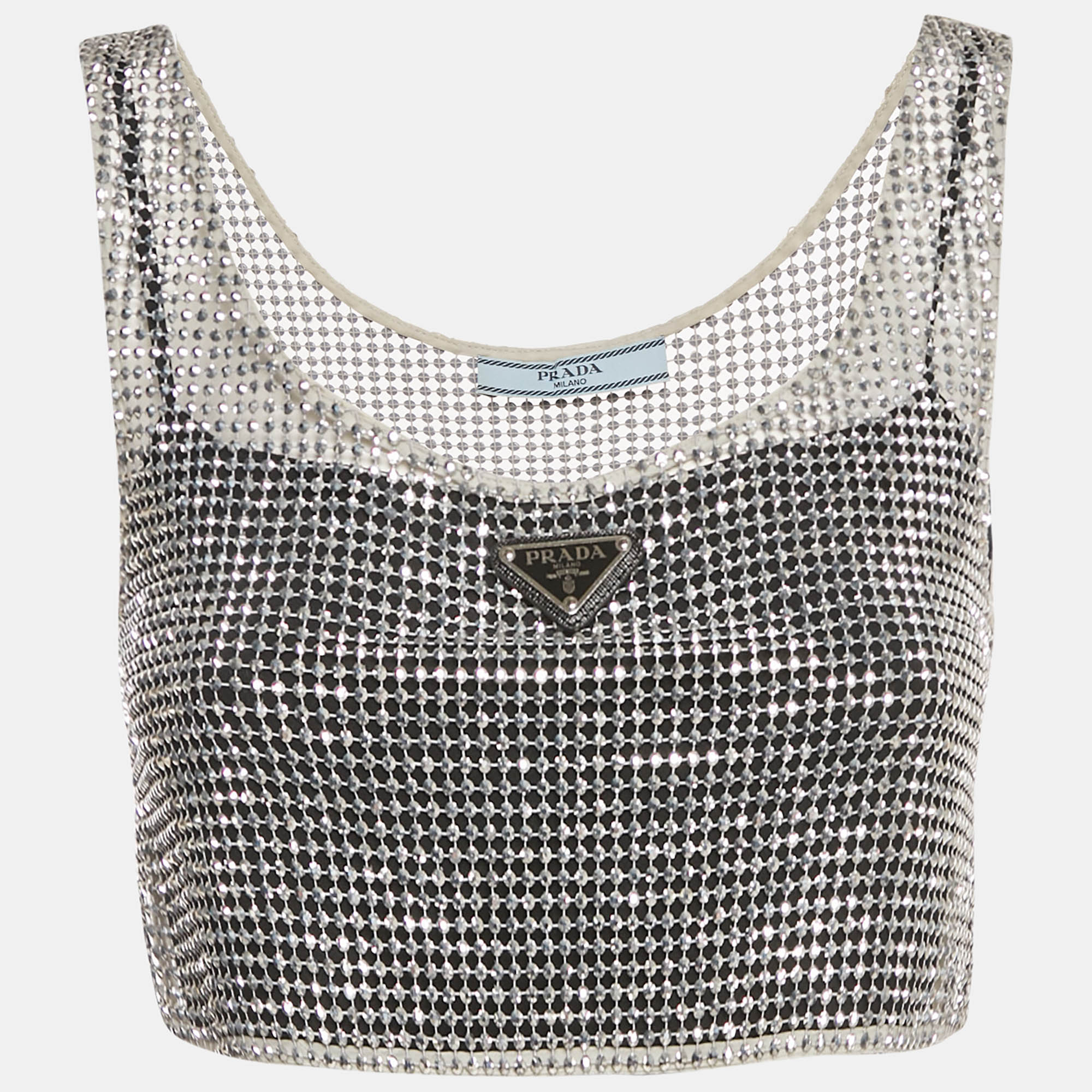 

Prada Silver Rhinestone Logo Plaque Crop Top S