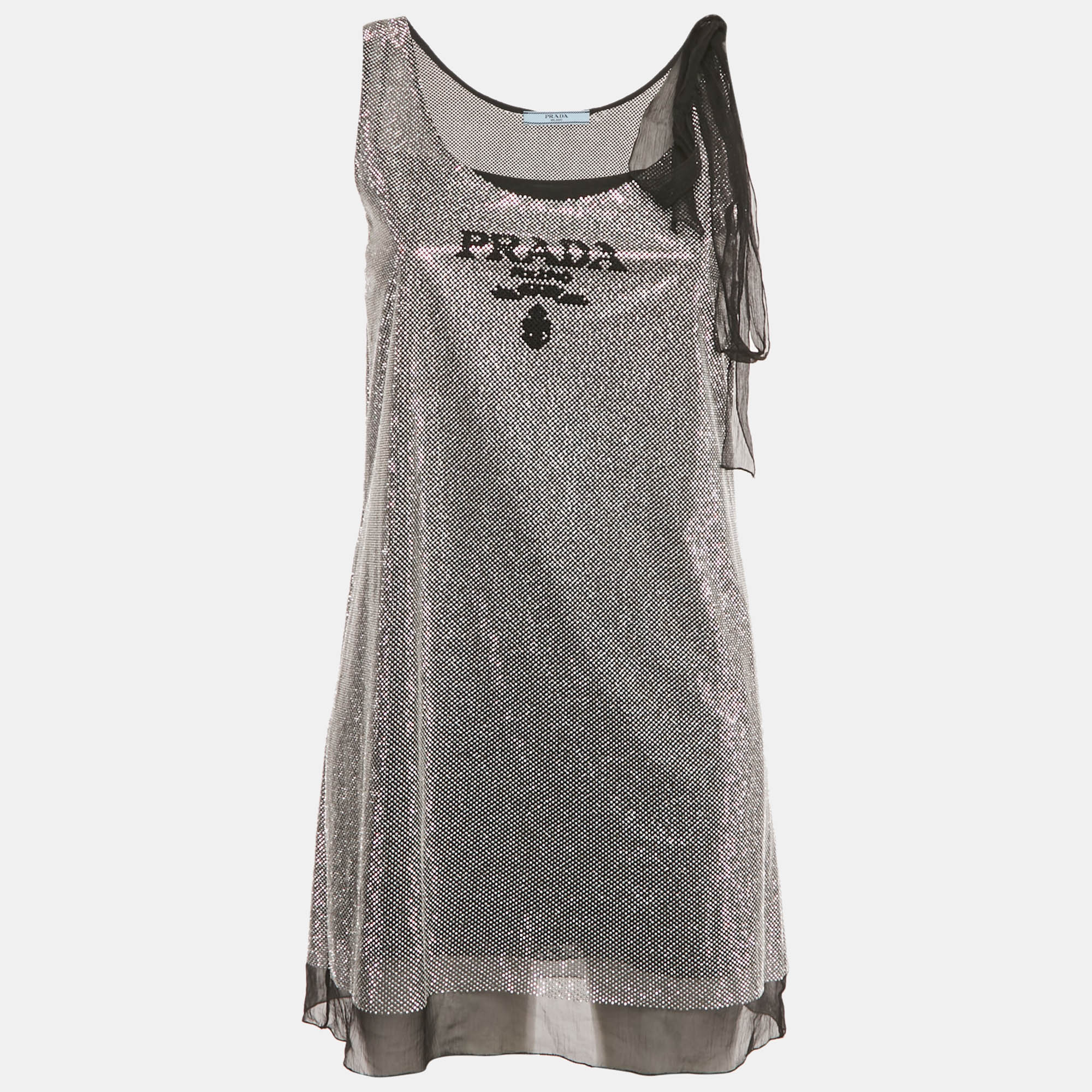 Pre-owned Prada Black Rhinestone Embellished Tie-up Sleeve Mini Dress Xs