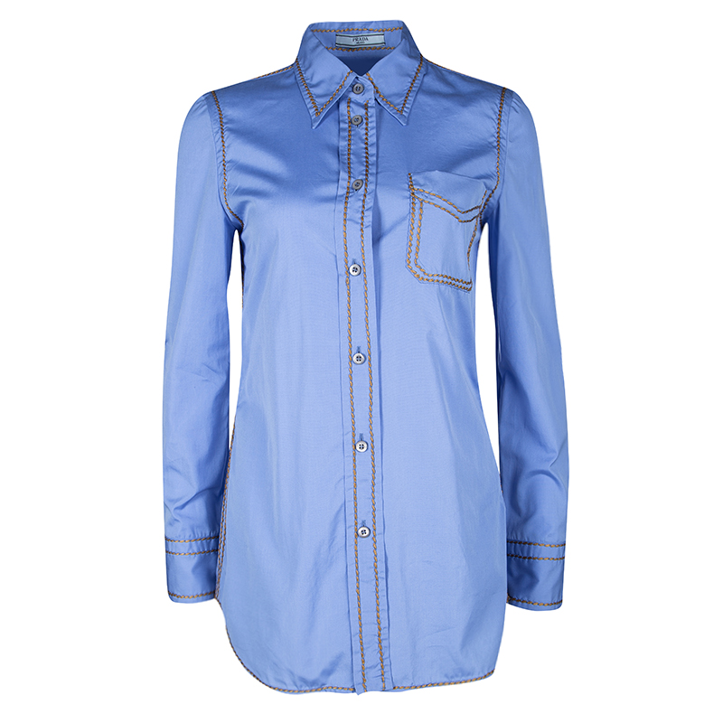

Prada Blue Cotton Contrast Embroidered Long Sleeve Button Front Shirt