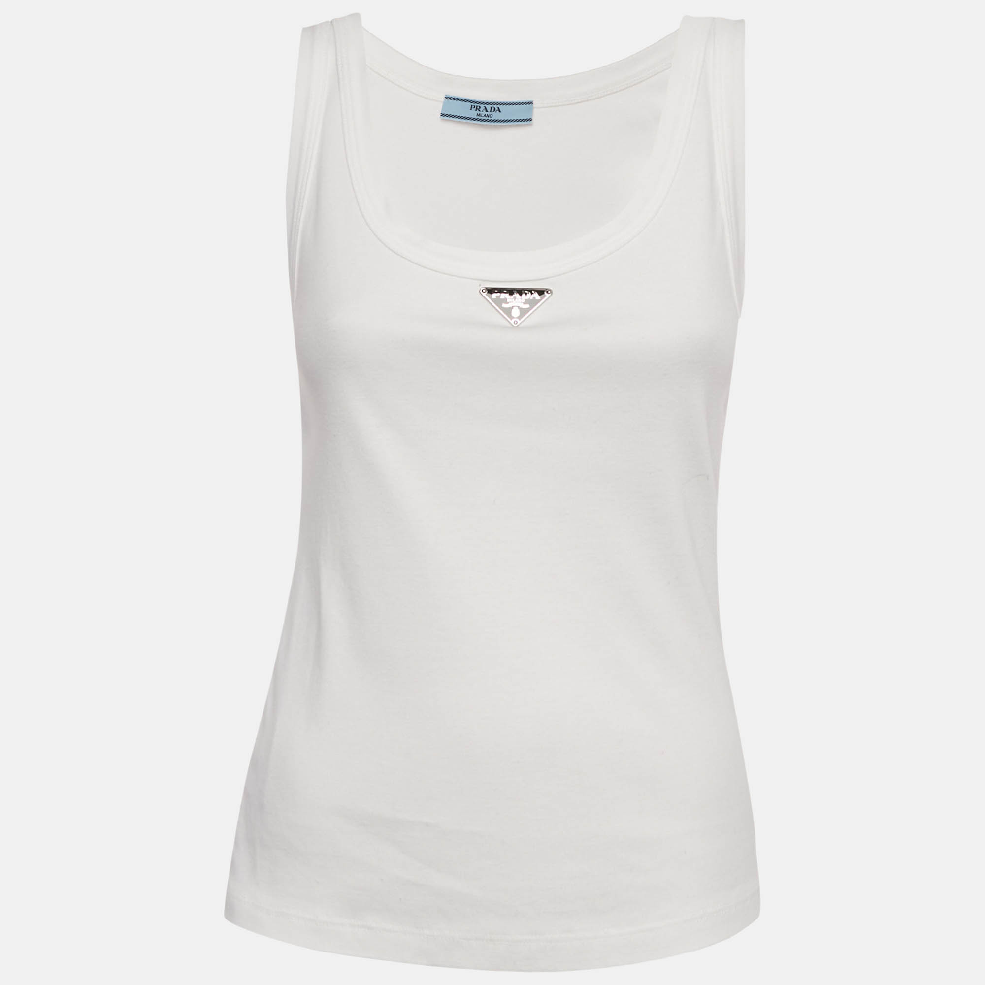 

Prada White Ribbed Knit Triangle Logo Plaque Jersey Tank Top S