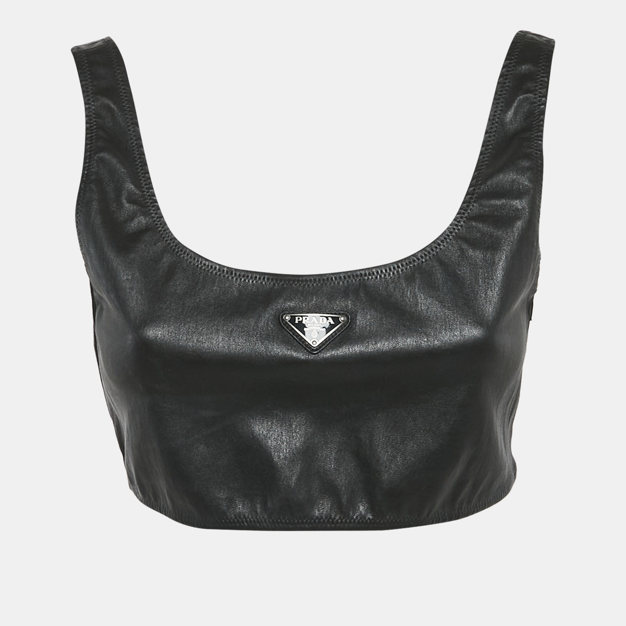 

Prada Black Leather Logo Plaque Detail Sleeveless Crop Top L