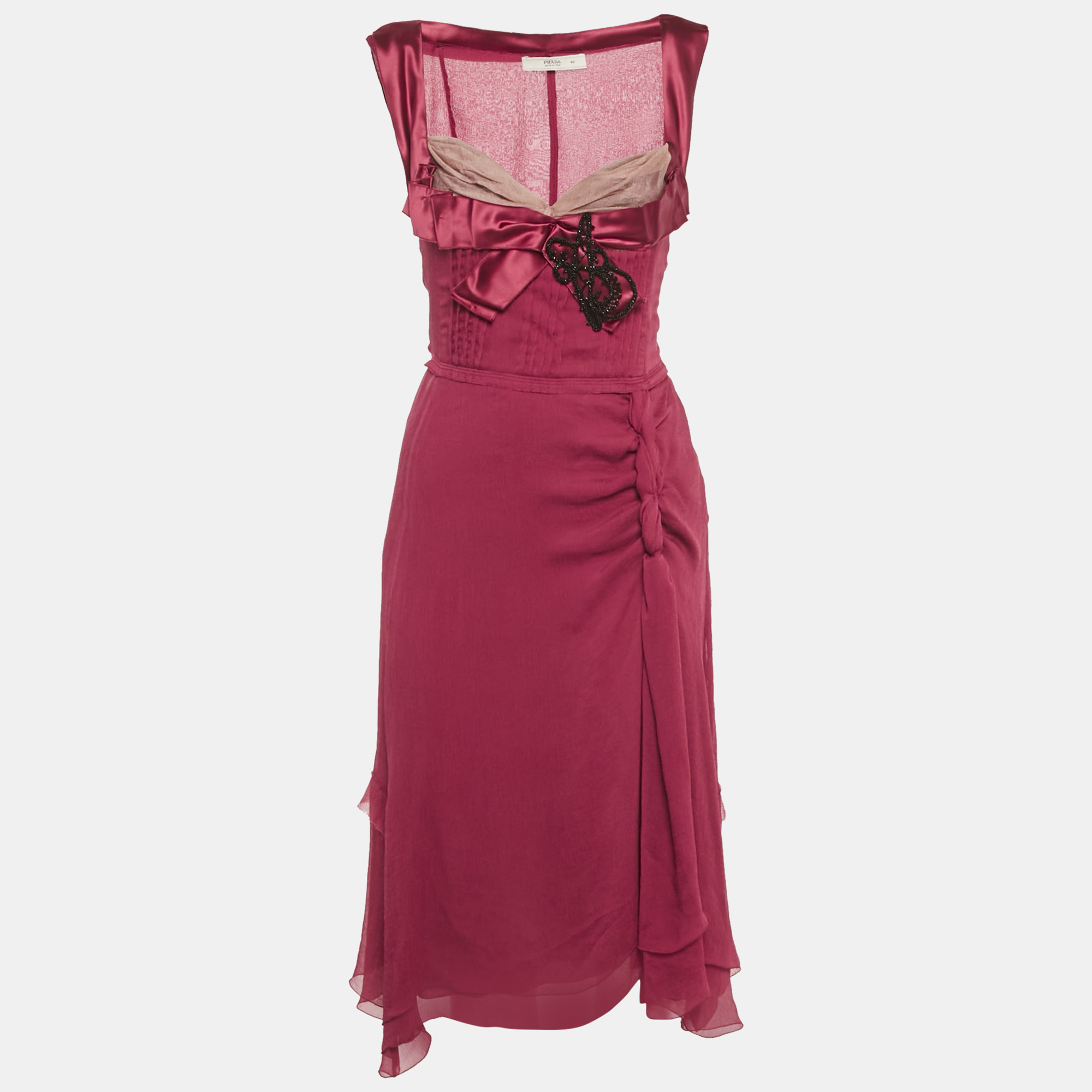 

Prada Burgundy Silk Chiffon Bead Detail Midi Dress S