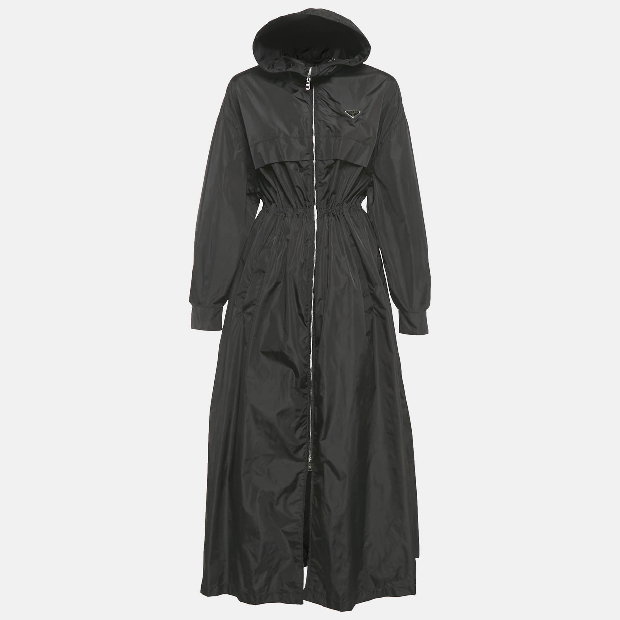 Pre-owned Prada Re-nylon Black Synthetic Triangle Logo Plaque Hooded Long Zip -up Coat S