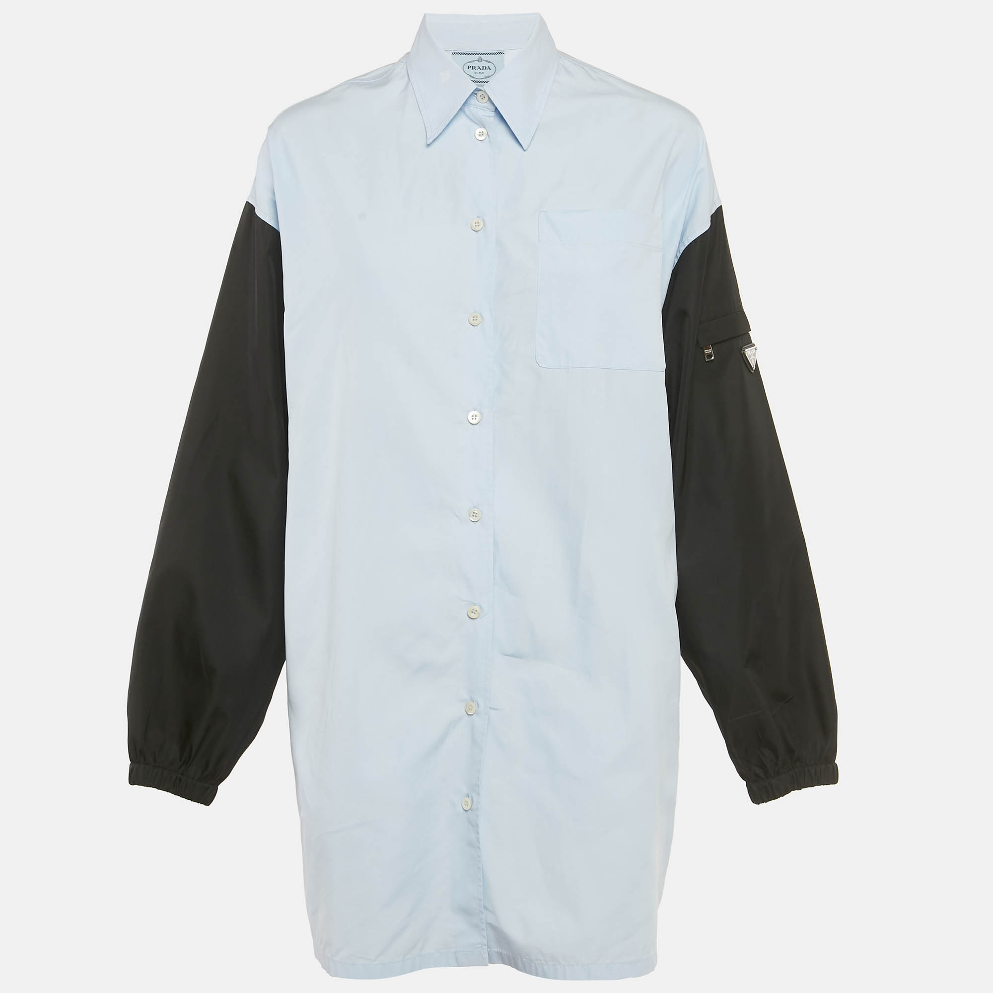 

Prada Blue /Black Cotton &Nylon Sleeve Button Down Shirt Dress S
