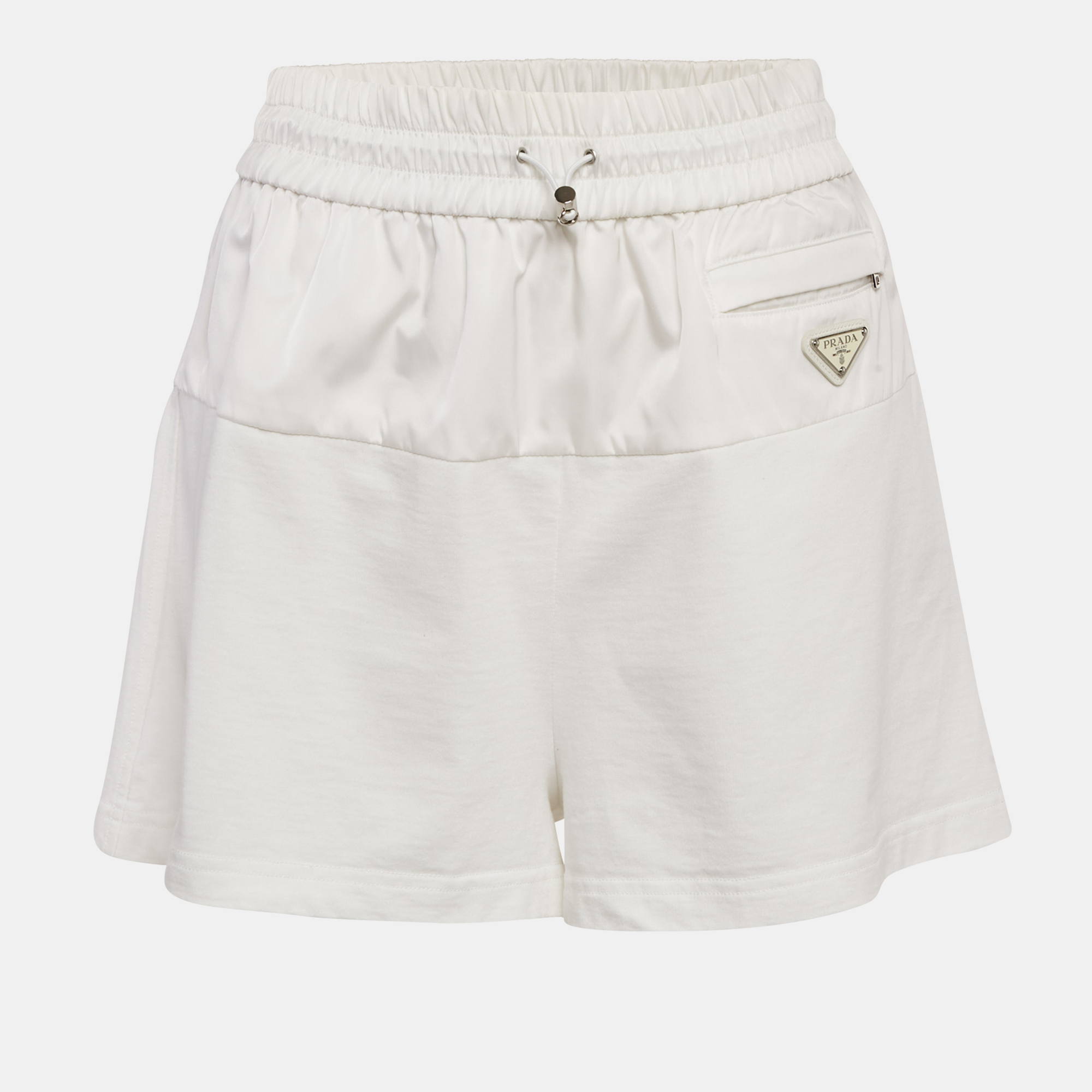 Pre-owned Prada White Jersey And Nylon Triangle Logo Detail Shorts S