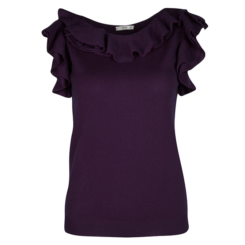 Prada Purple Wool Ruffle Detail Sleeveless Top M