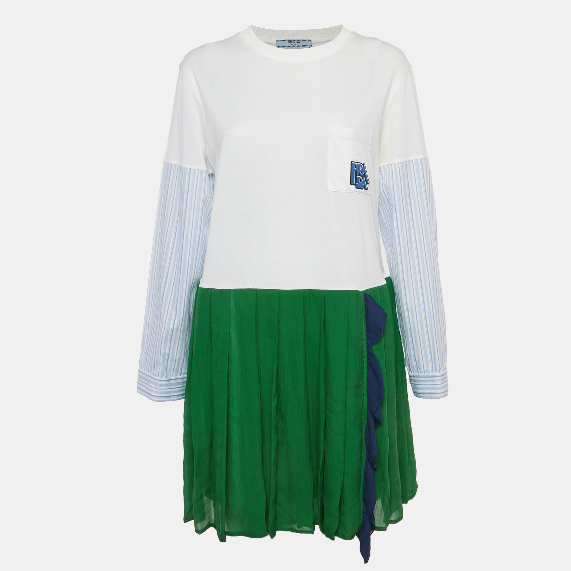 

Prada White / Green Logo Applique Cotton & Silk Mini Dress M