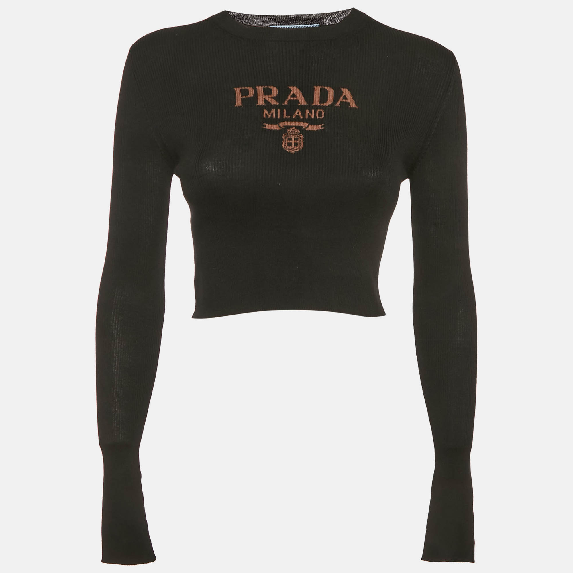 Pre-owned Prada Black Silk Rib Knit Logo Detail Crop Top M