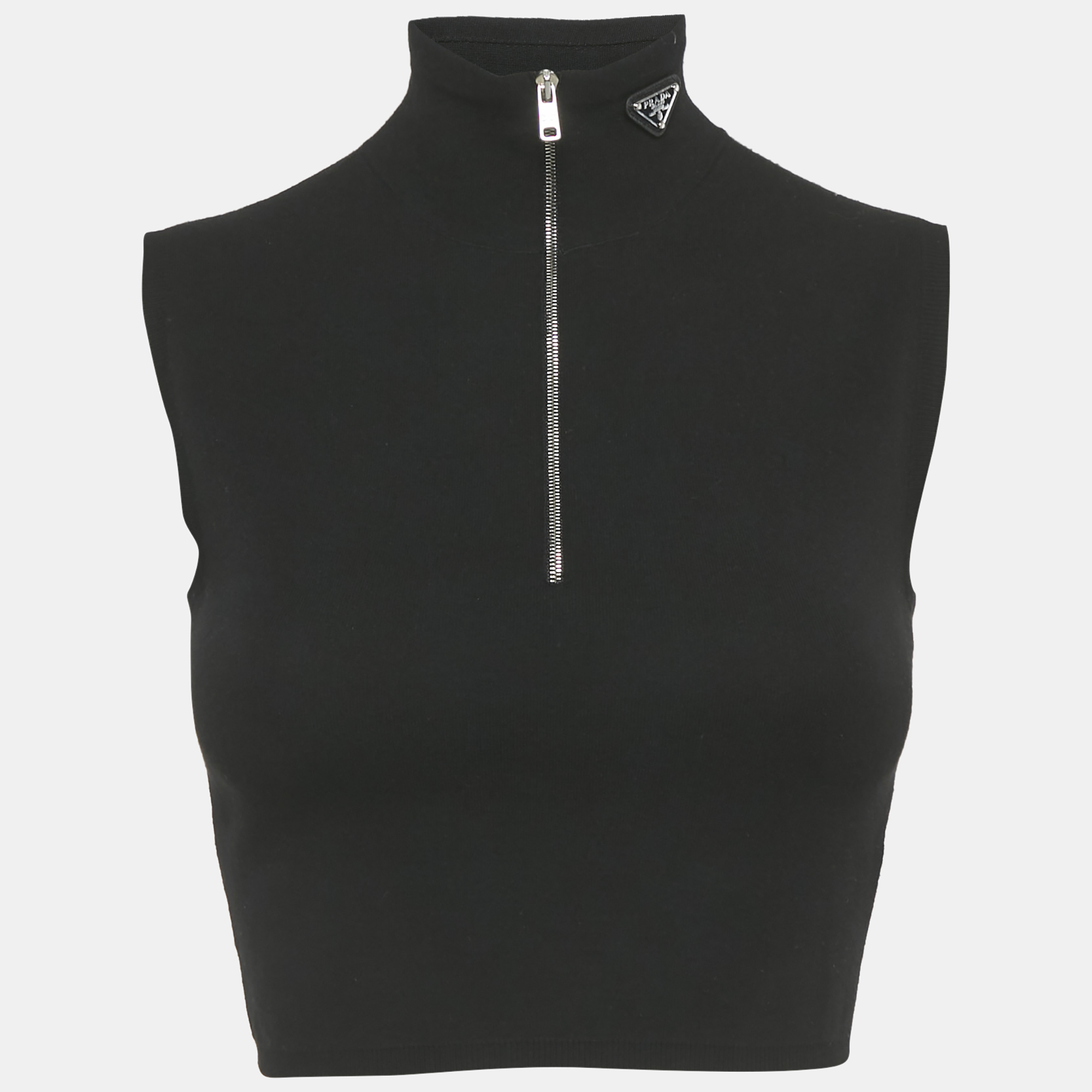 Pre-owned Prada Black Knit Half Zip Sleeves Crop Top S