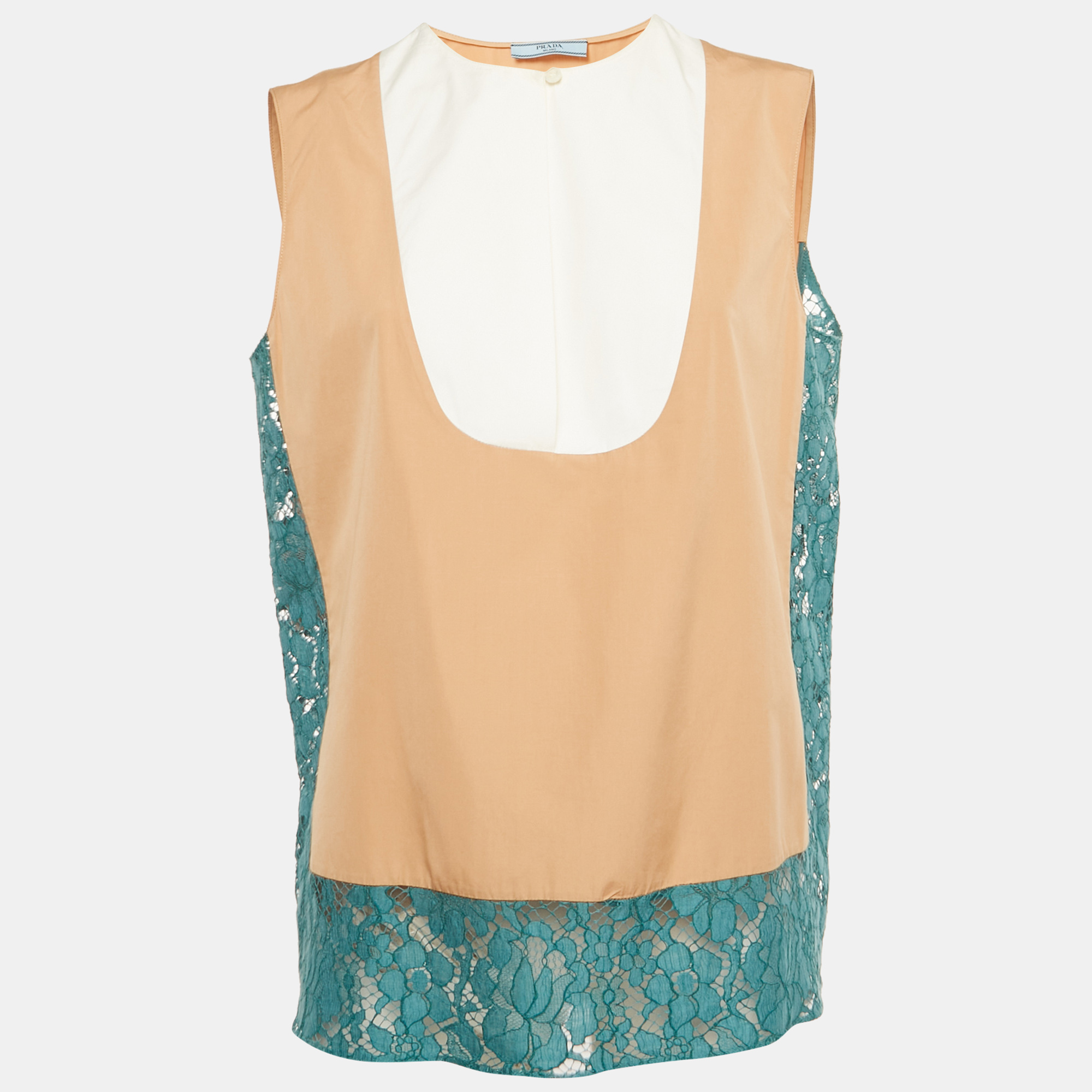 

Prada Beige/White Cotton Floral Lace Trim Sleeveless Top M