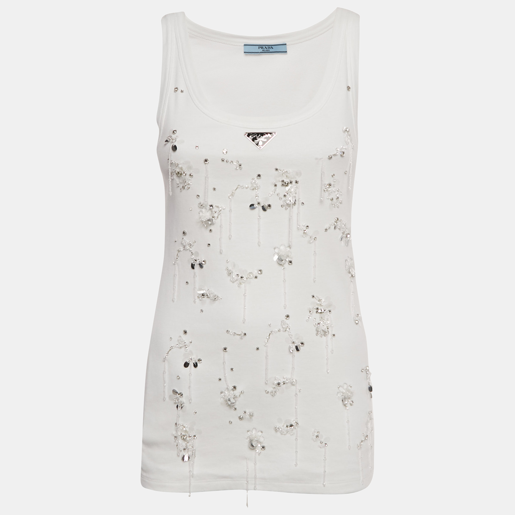Pre-owned Prada White Embellished Cotton Jersey Tank Top S