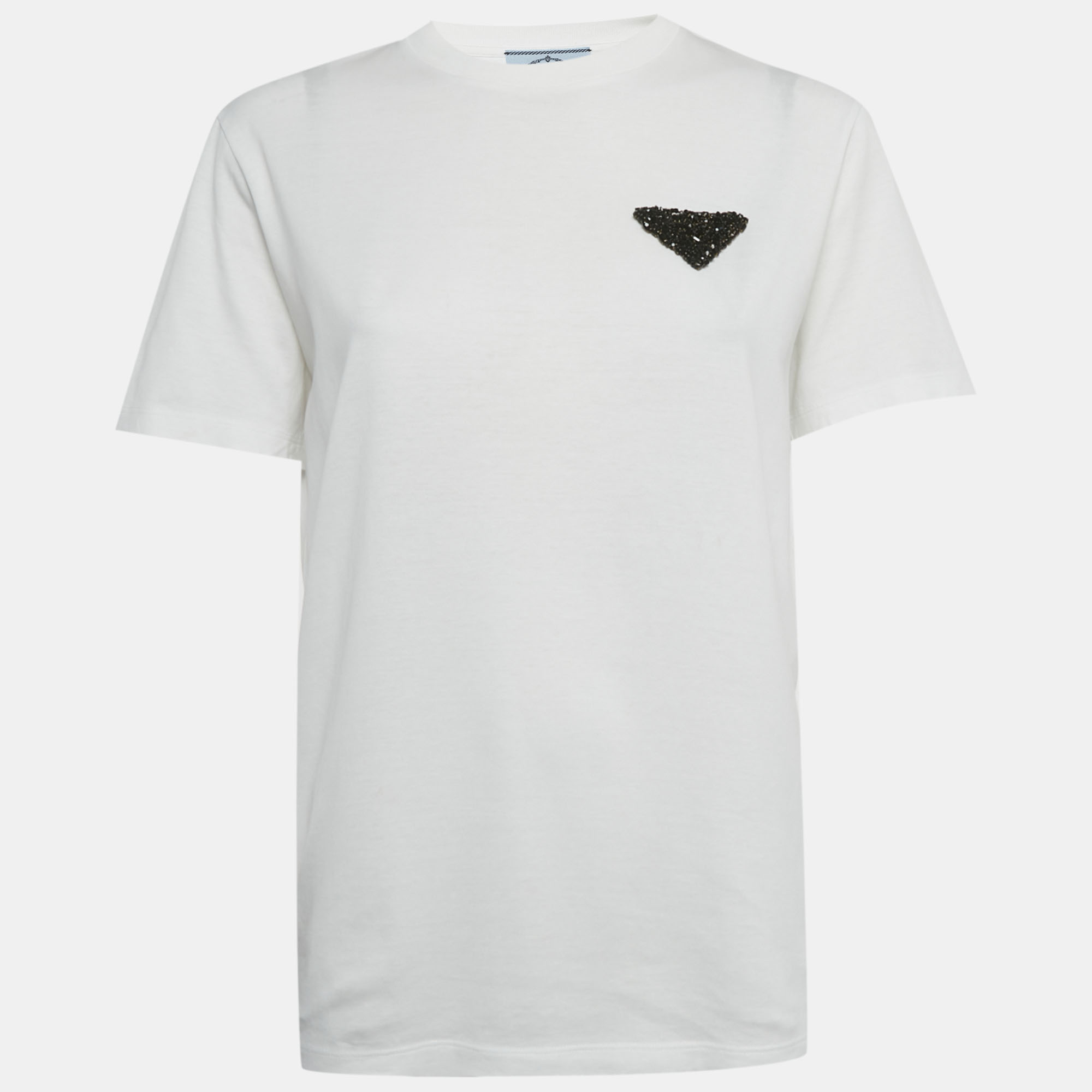 Pre-owned Prada White Triangle Crystal Applique Jersey T-shirt S