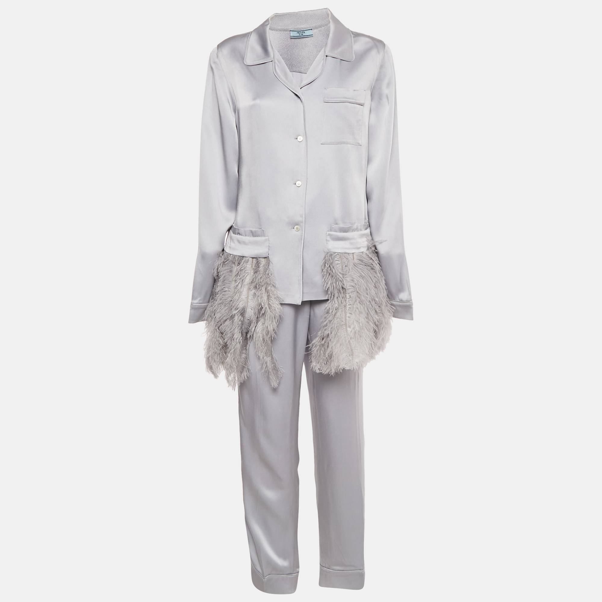 

Prada Grey Satin Ostrich Feather Trim Pajama Shirt & Pants Set L