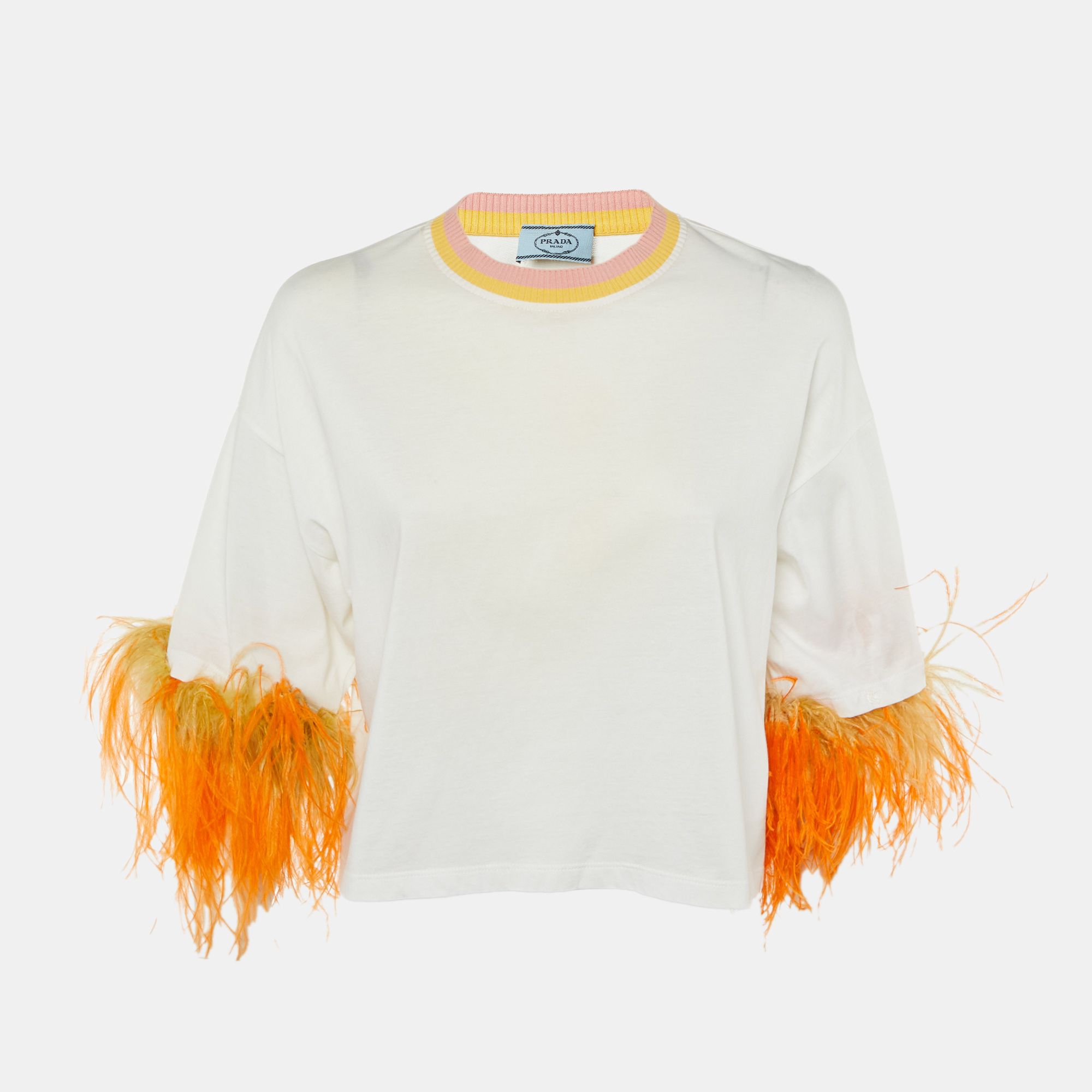 Pre-owned Prada White Cotton Ostrich Feather Trim T-shirt M