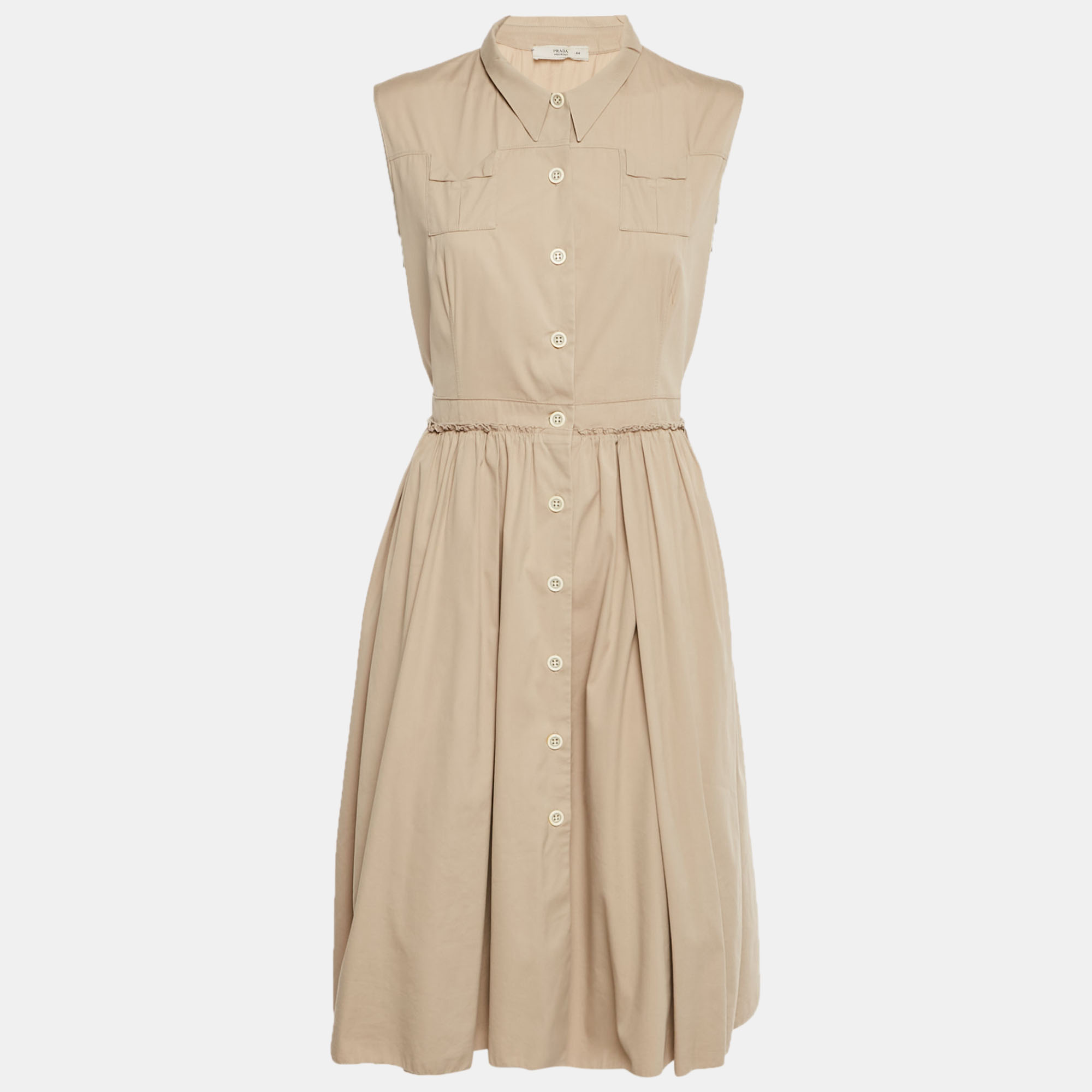 Pre-owned Prada Beige Cotton Blend Midi Shirt Dress M In Sand