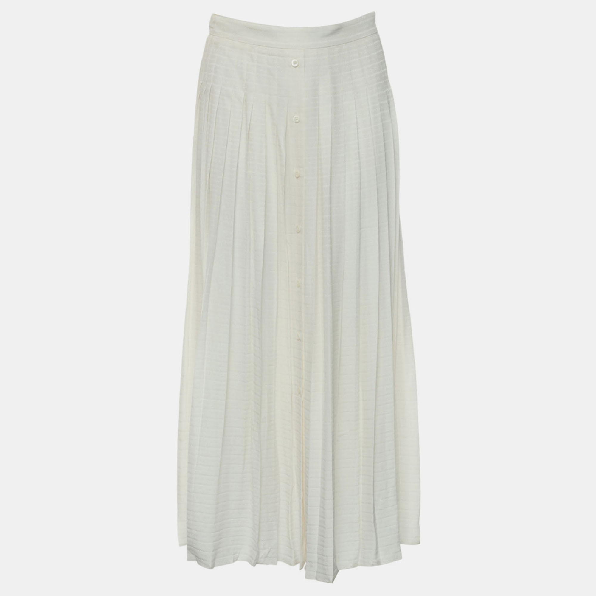 Pre-owned Prada Logo-jacquard Silk Pleated Skirt In White