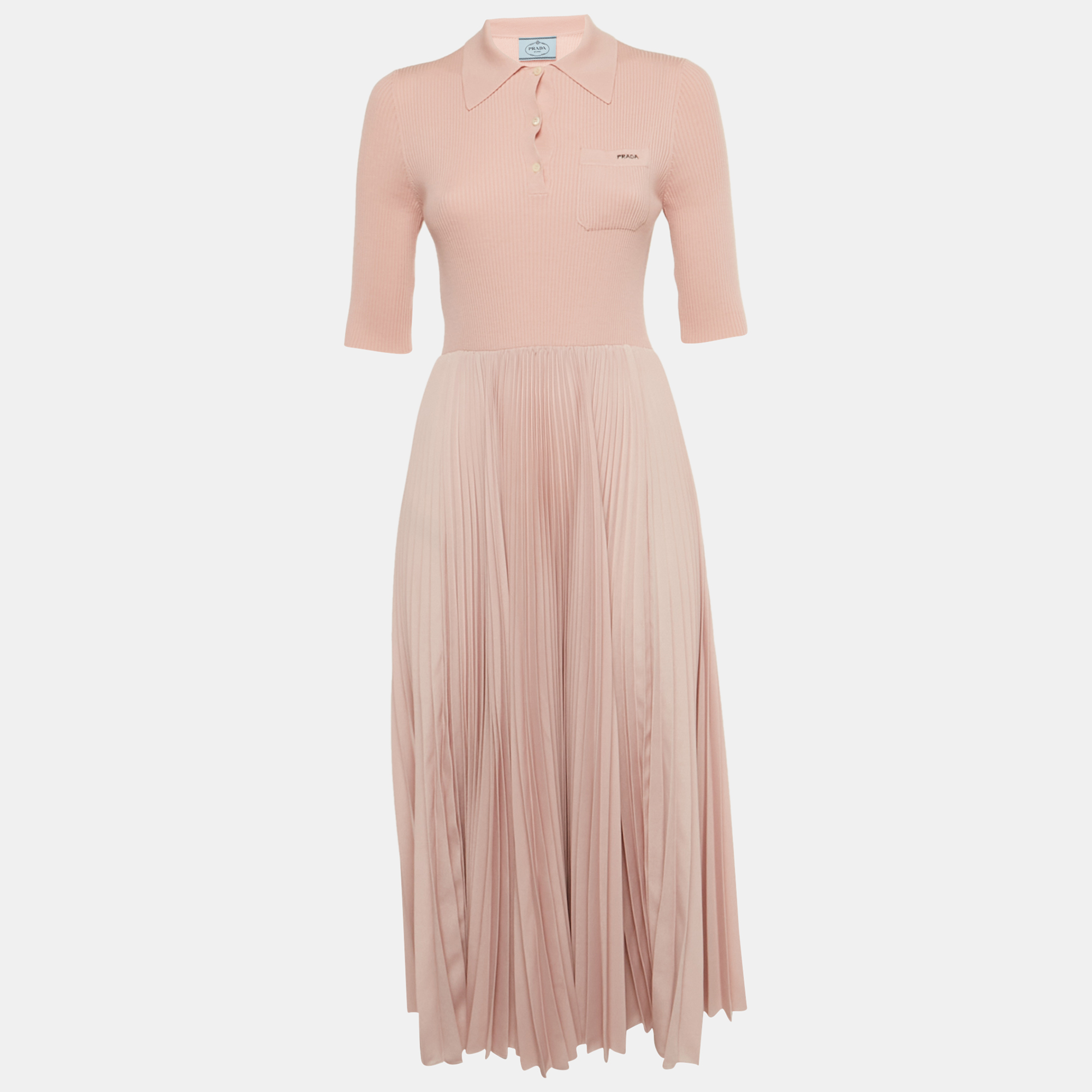 Pre-owned Prada Pink Rib Knit And Plisse Midi Dress M