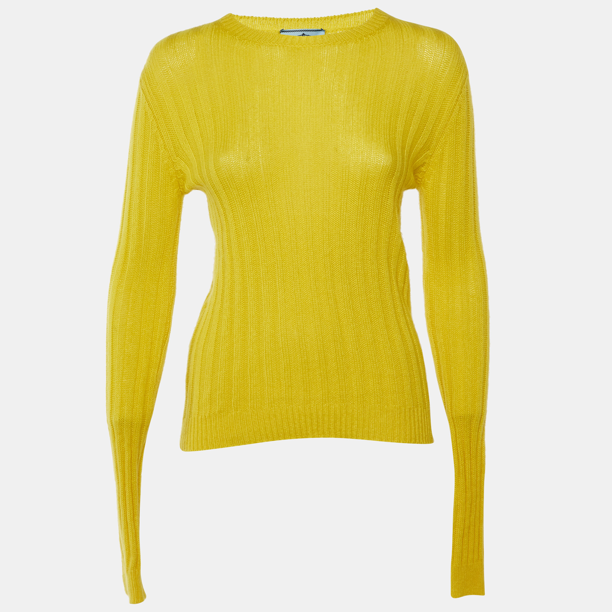 Pre-owned Prada Yellow Cashmere Rib Knit Crew Neck Sweater S