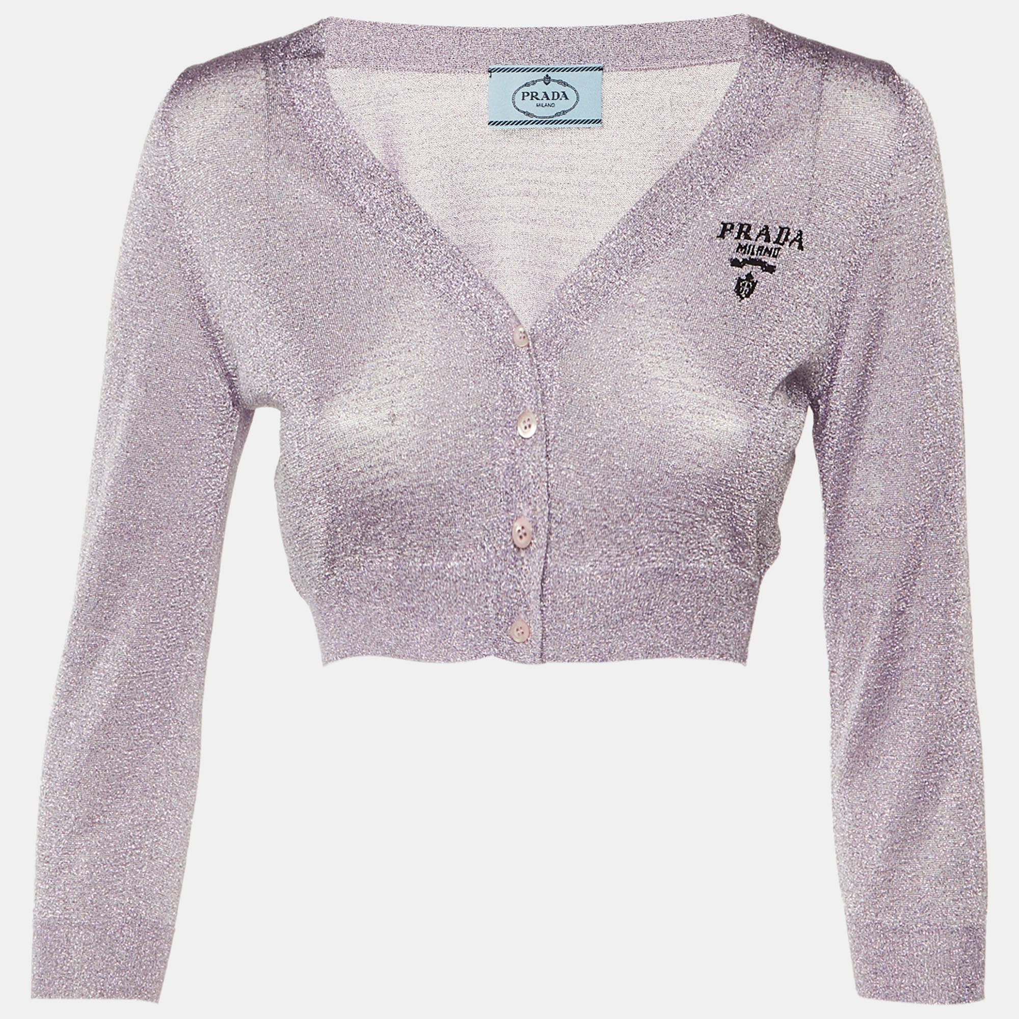 Pre-owned Prada Lilac Lurex Knit Cropped Cardigan S In Purple