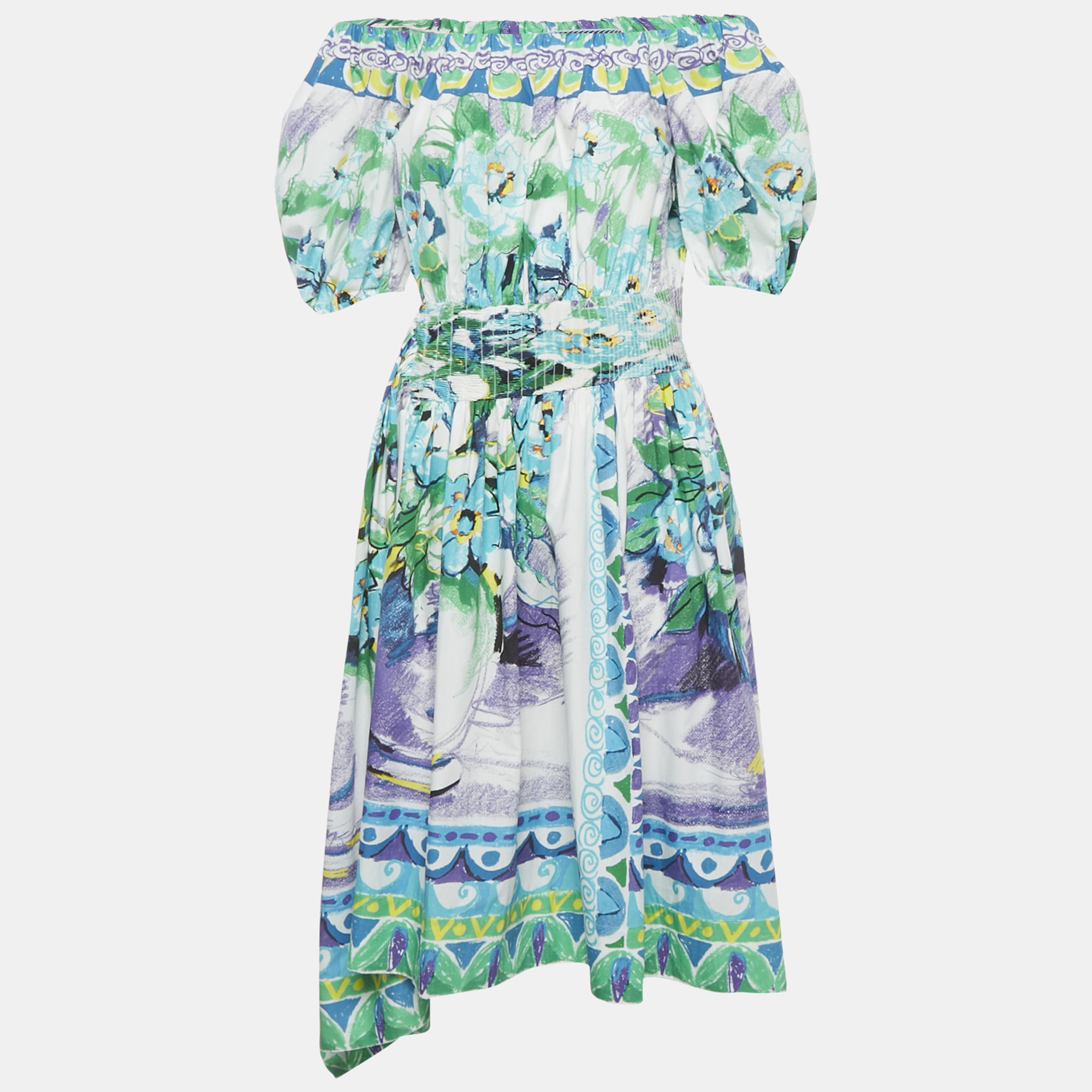 

Prada Multicolour Floral Print Cotton Asymmetric Midi Dress M, Multicolor