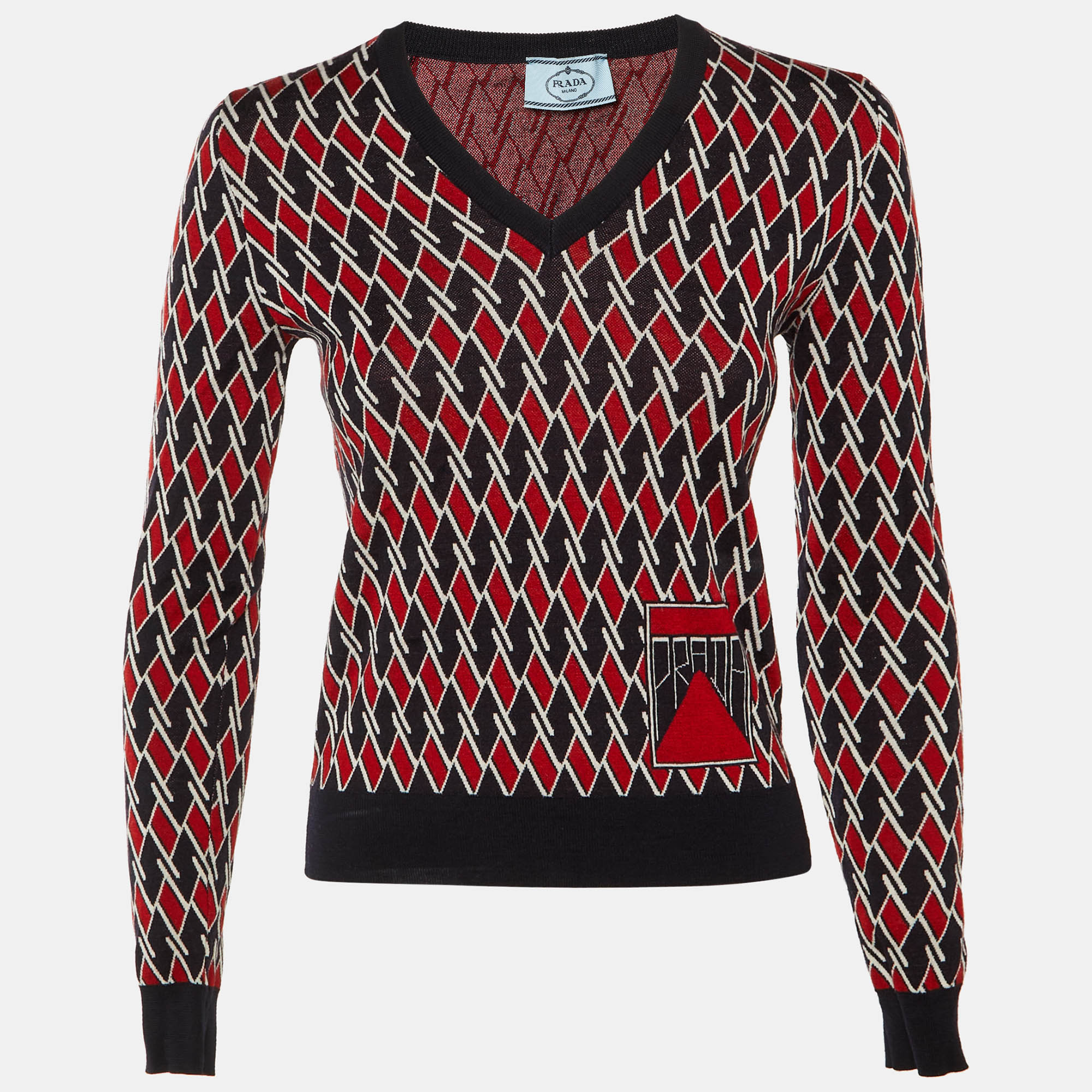 

Prada Black Diamond Pattern Wool V-Neck Sweater S