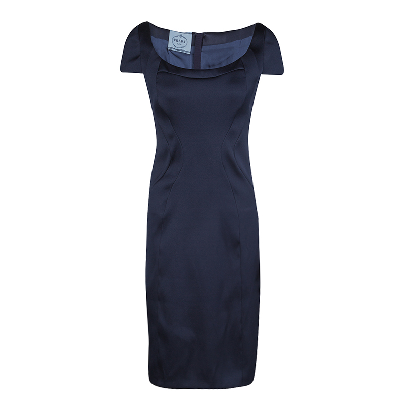 Prada Navy Blue Satin Cap Sleeve Fitted Sheath Dress L Prada | The ...