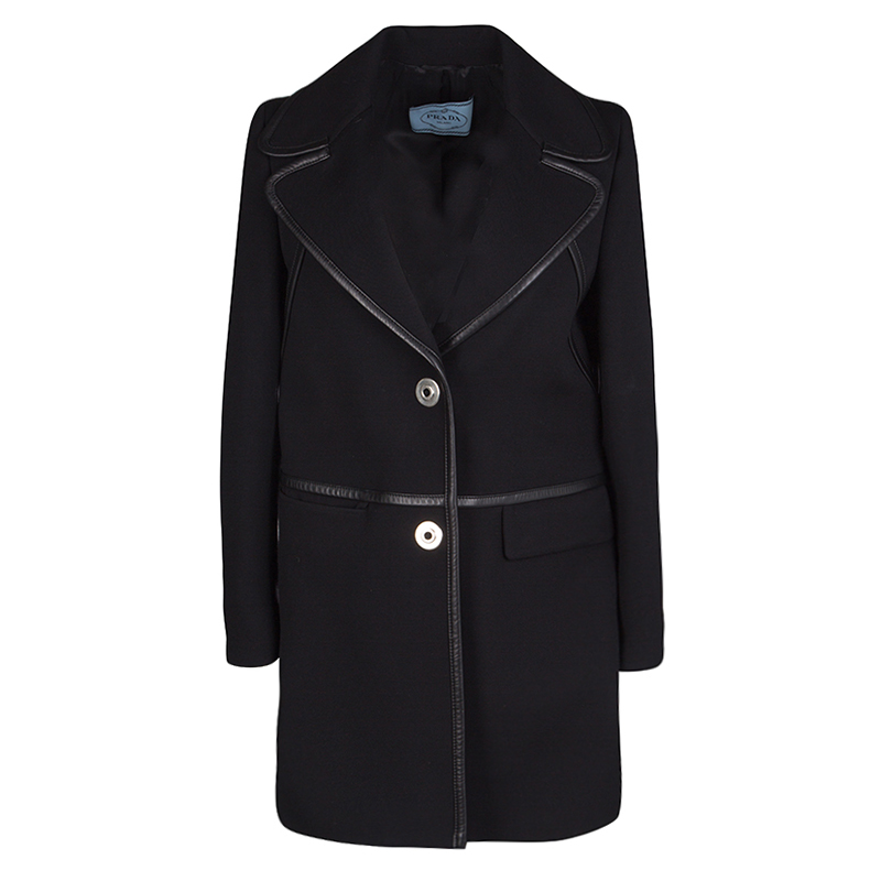 Pre Owned Prada Black Wool Leather Trim Coat S