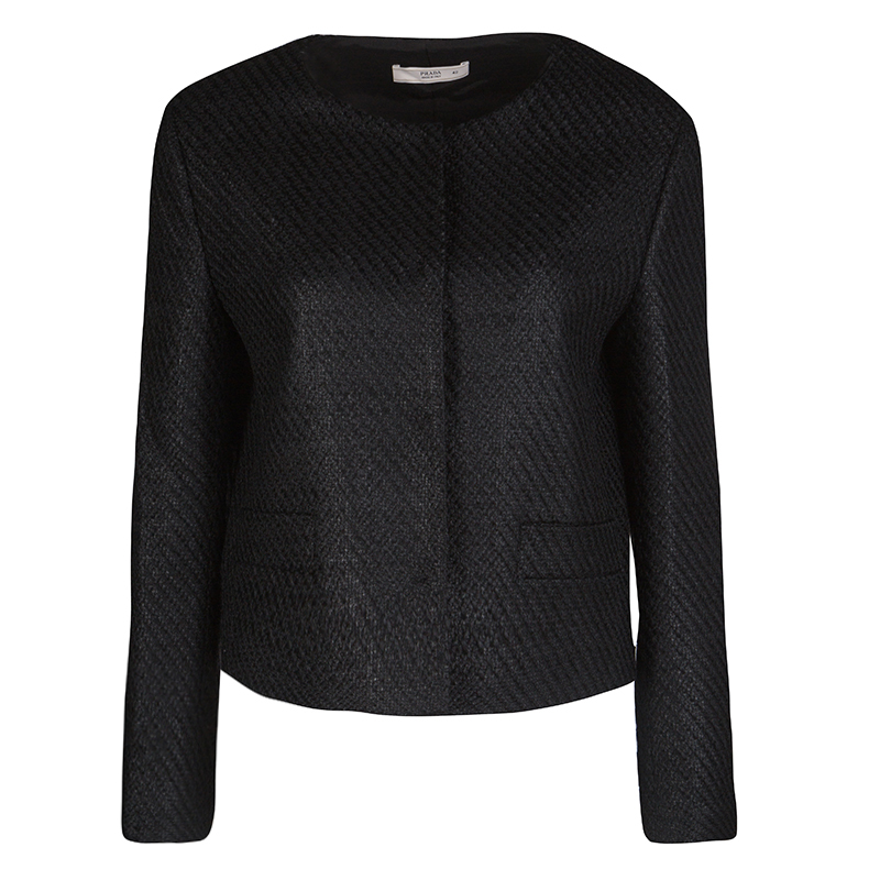 Prada Black Textured Wool Buttoned Box Jacket M