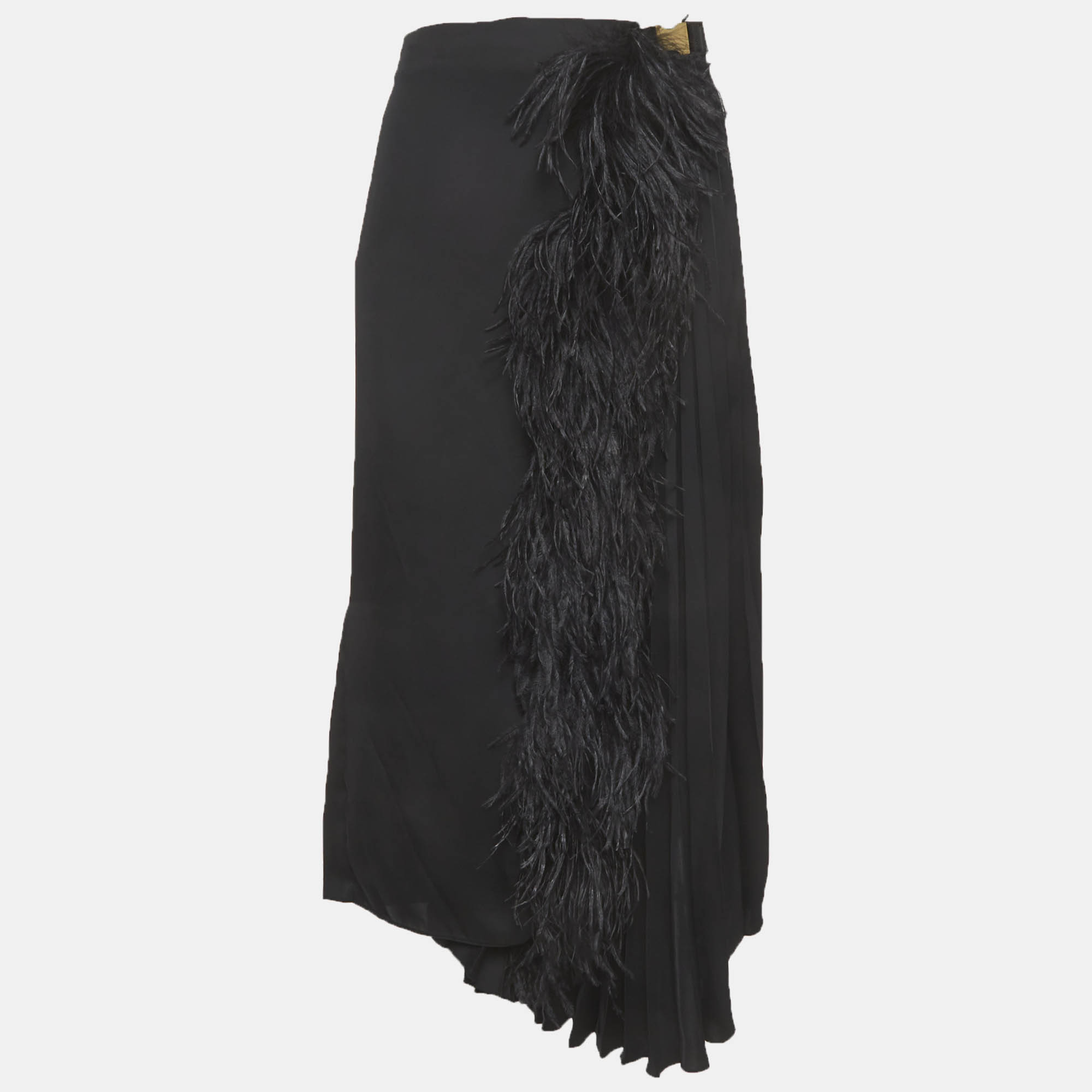

Prada Black Satin Feather Trim Midi Skirt L