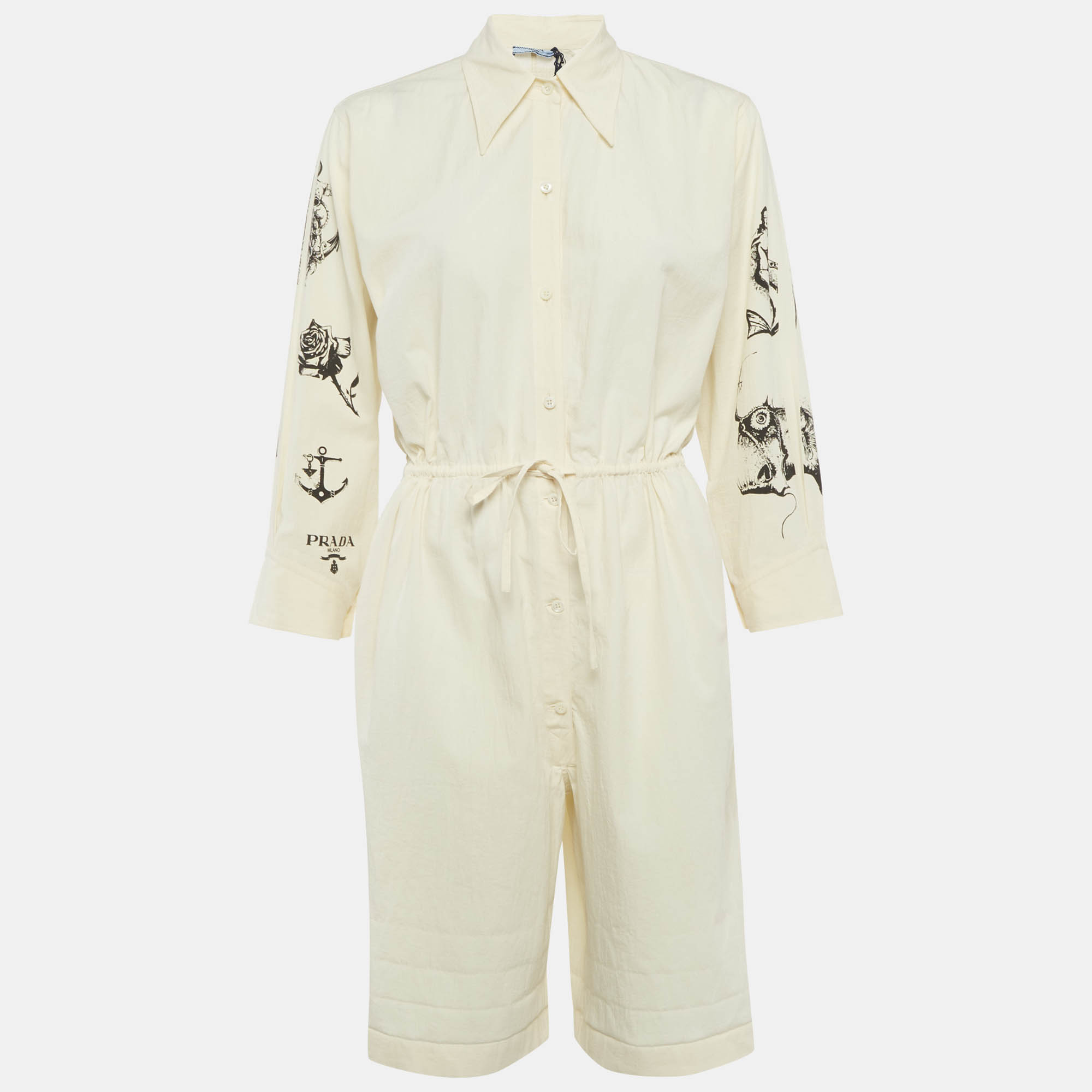 Prada Cream Printed Chambray Canvas Playsuit XS
