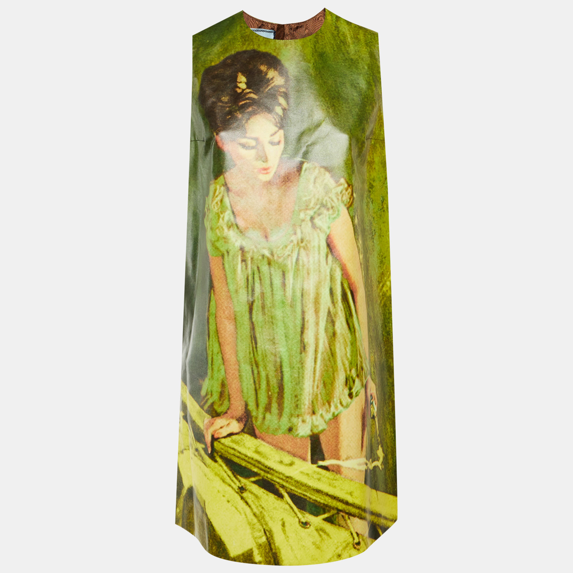 

Prada Green Poster Girl Print Faux Leather Shift Dress M