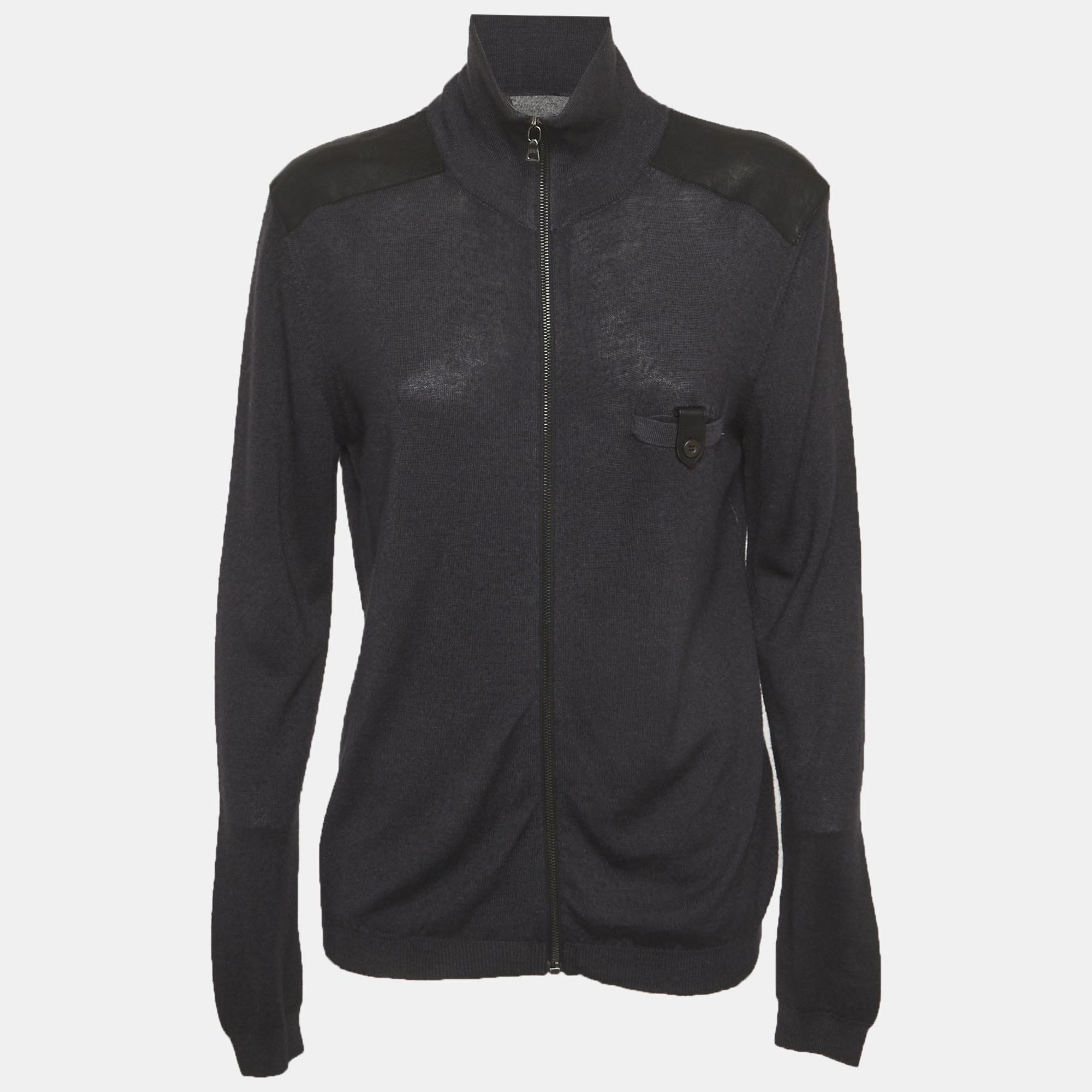 Prada Black Wool & Silk Knit Leather Trim Jacket L