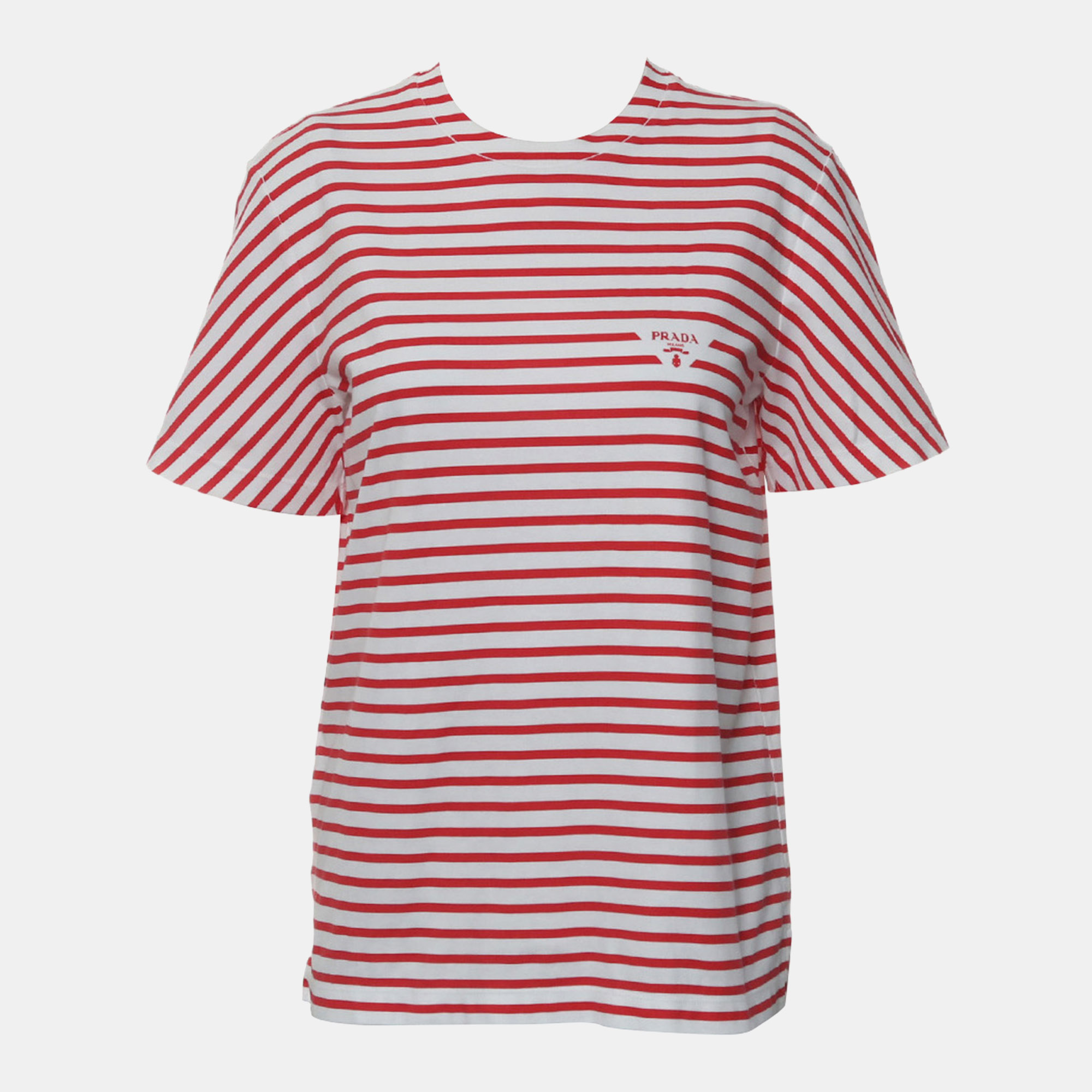 

Prada Red, White Cotton Logo Striped T-Shirt