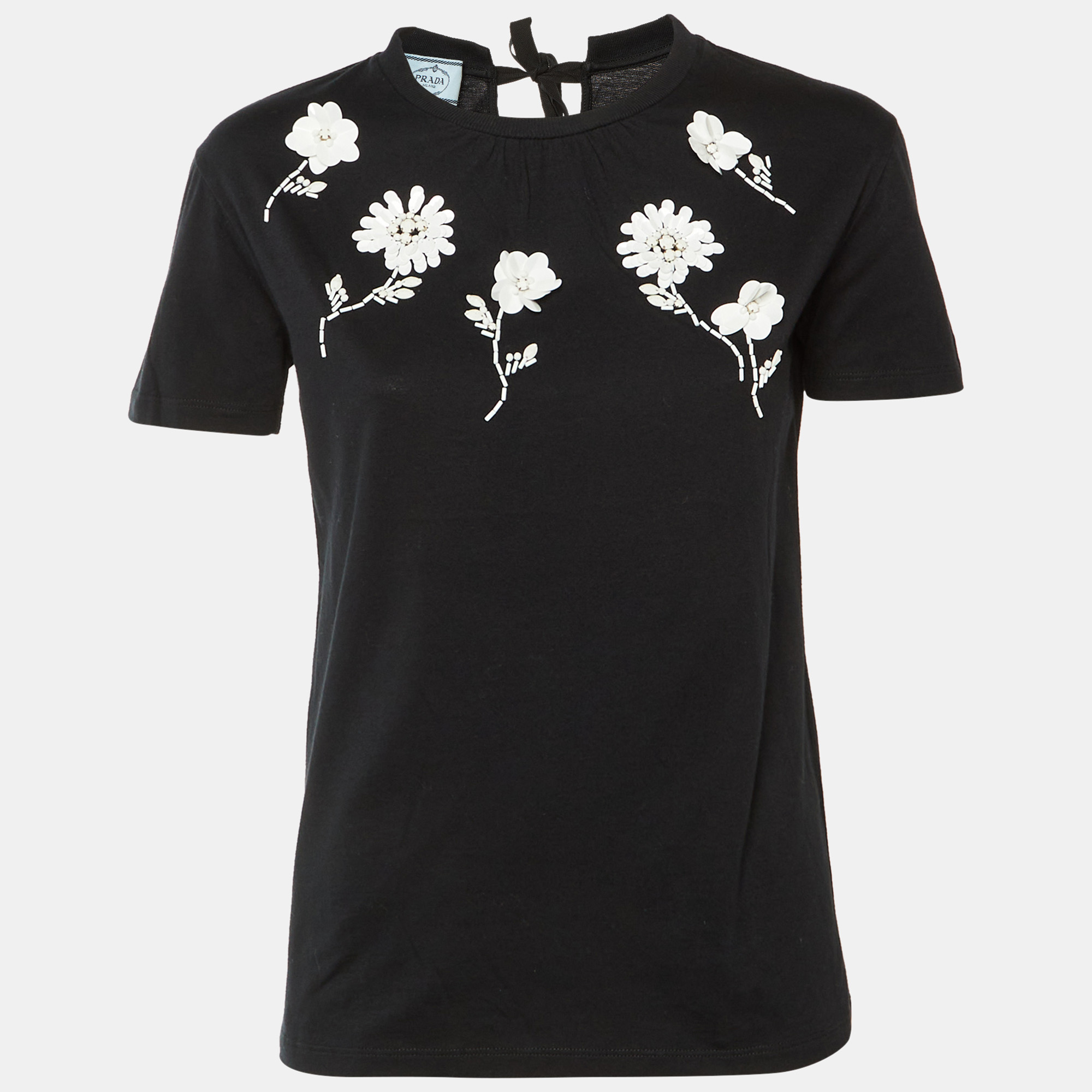 

Prada Black Cotton Knit Floral Embellished Tie Detail T-Shirt XS