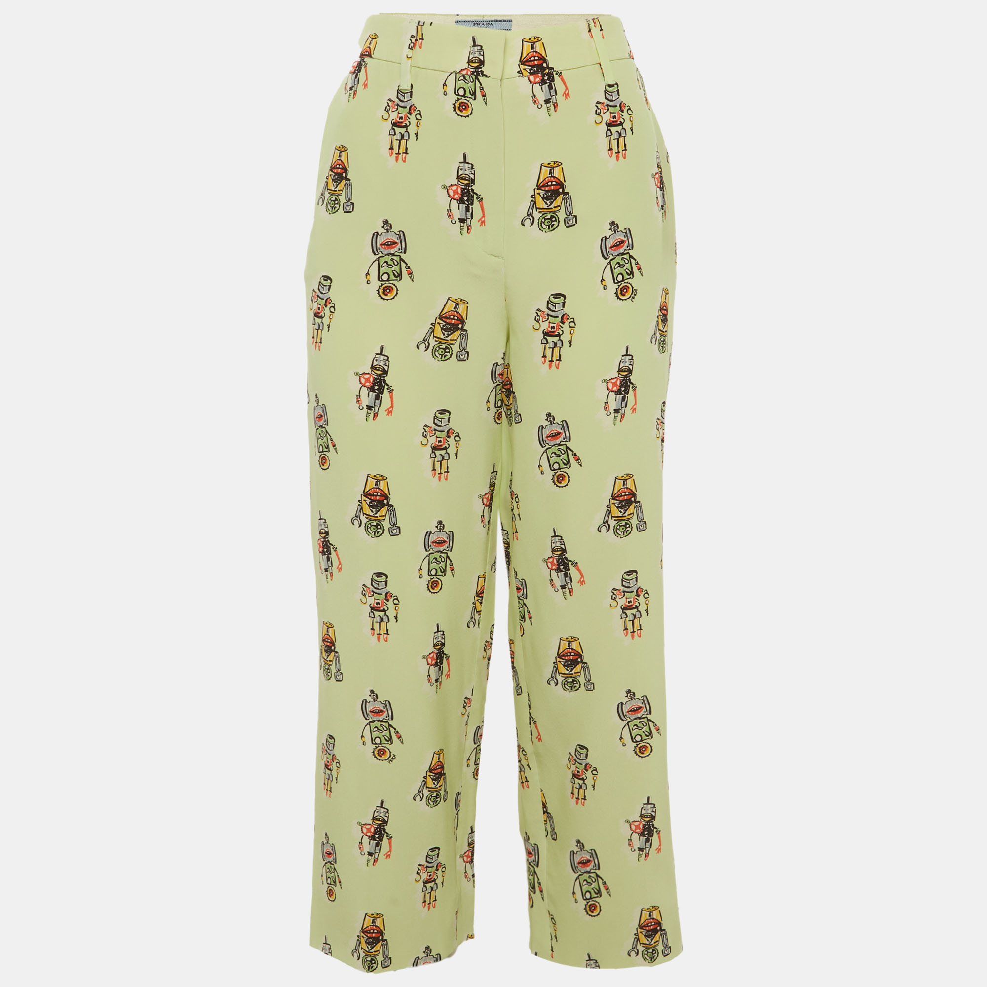 Pre-owned Prada Lime Green Robots Print Silk Straight Fit Pants S