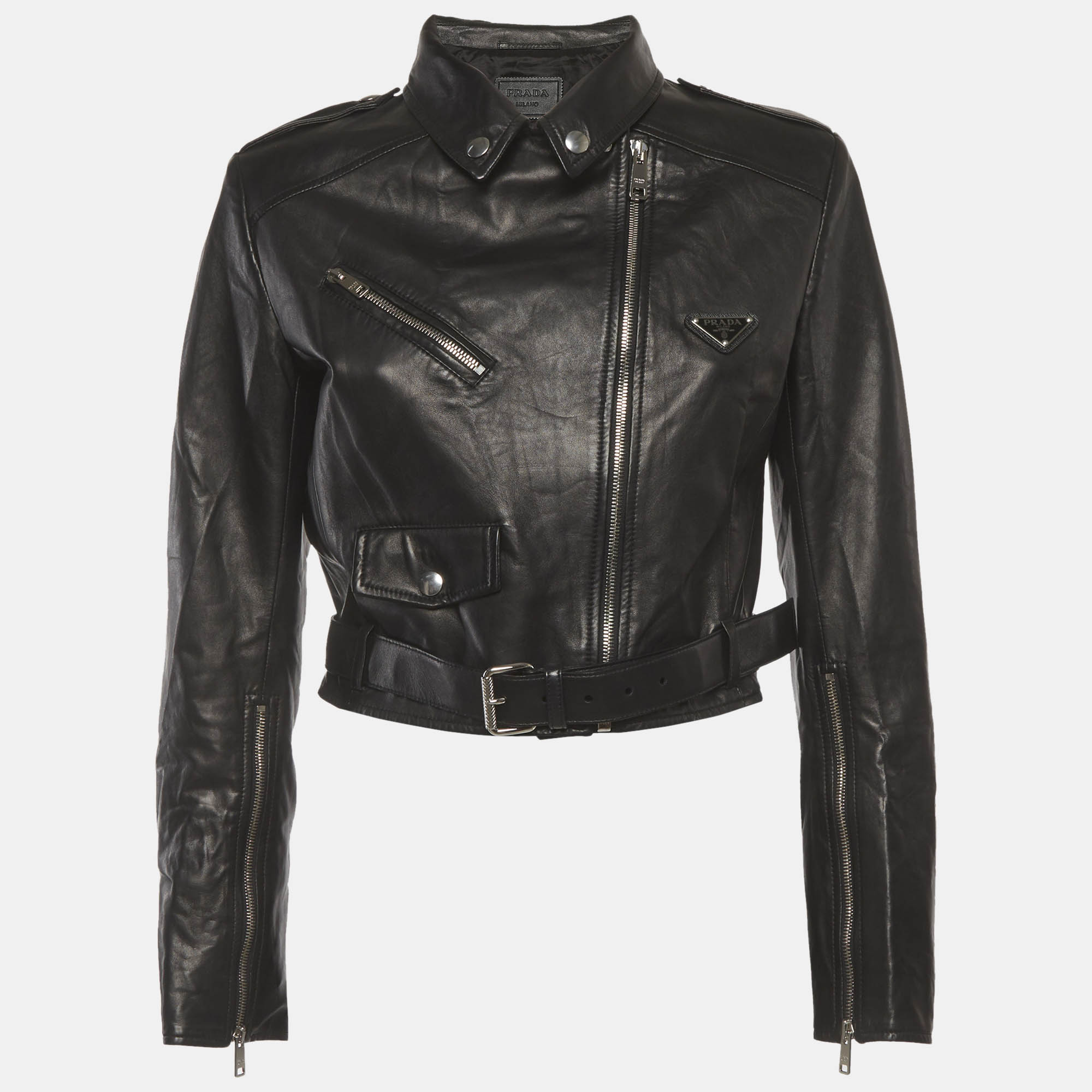 

Prada Black Leather Zip Up Biker Jacket M