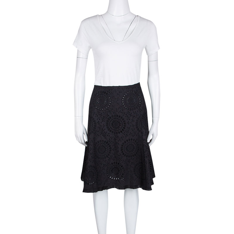 

Prada Black Schiffli Embroidered Cotton A Line Skirt