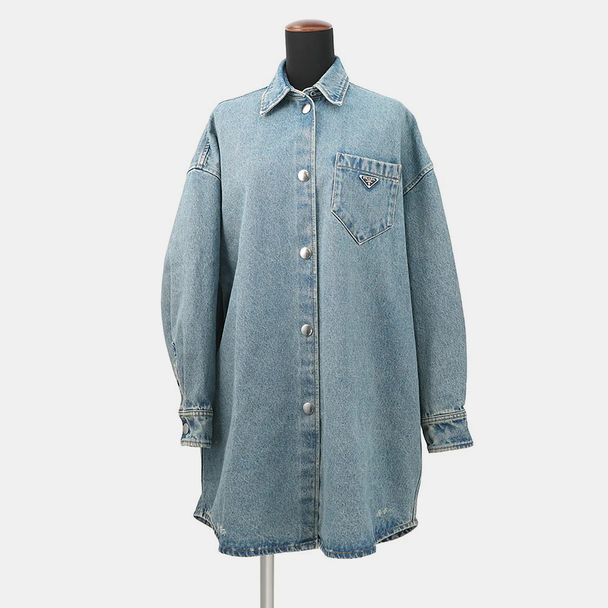 

Prada Oversized Distressed Organic Denim Shirt Size  Mid Blue Denim