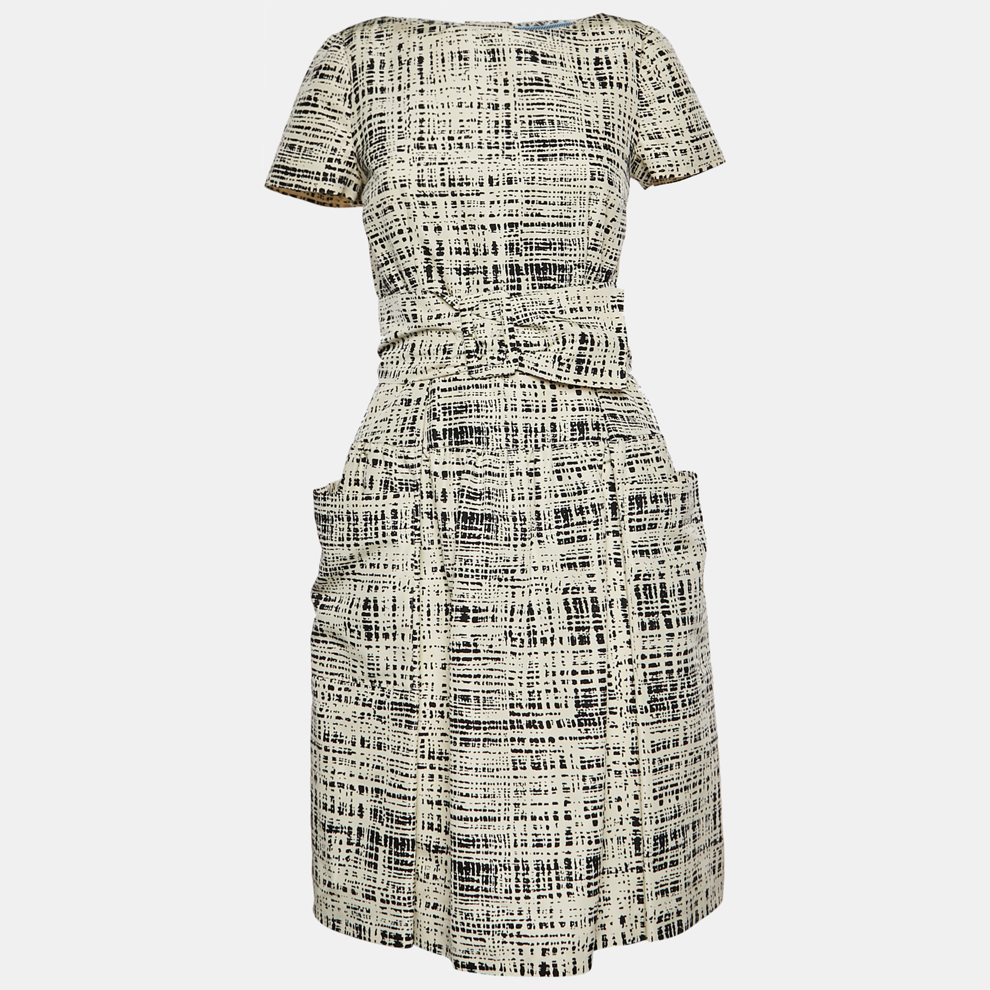 

Prada Monochrome Printed Silk Short Sleeve Belted Knee Length Dress S, Beige