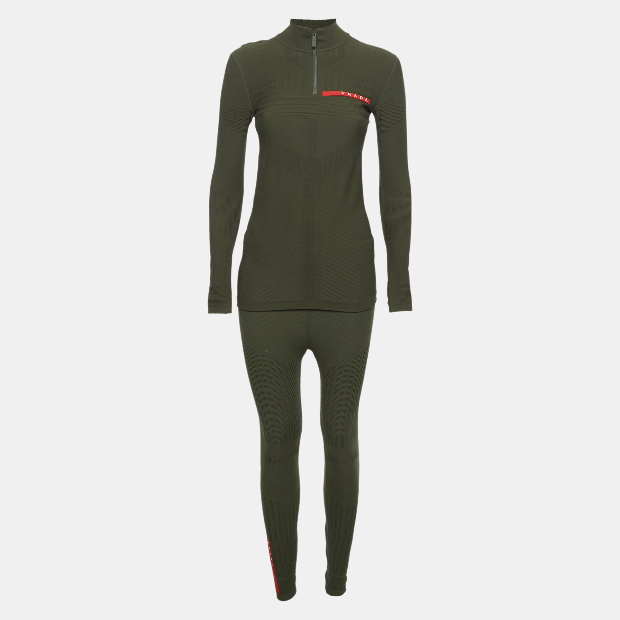 

Prada Green Technical Knit Linea Rossa Quarter-Zip Top and Pants Set S
