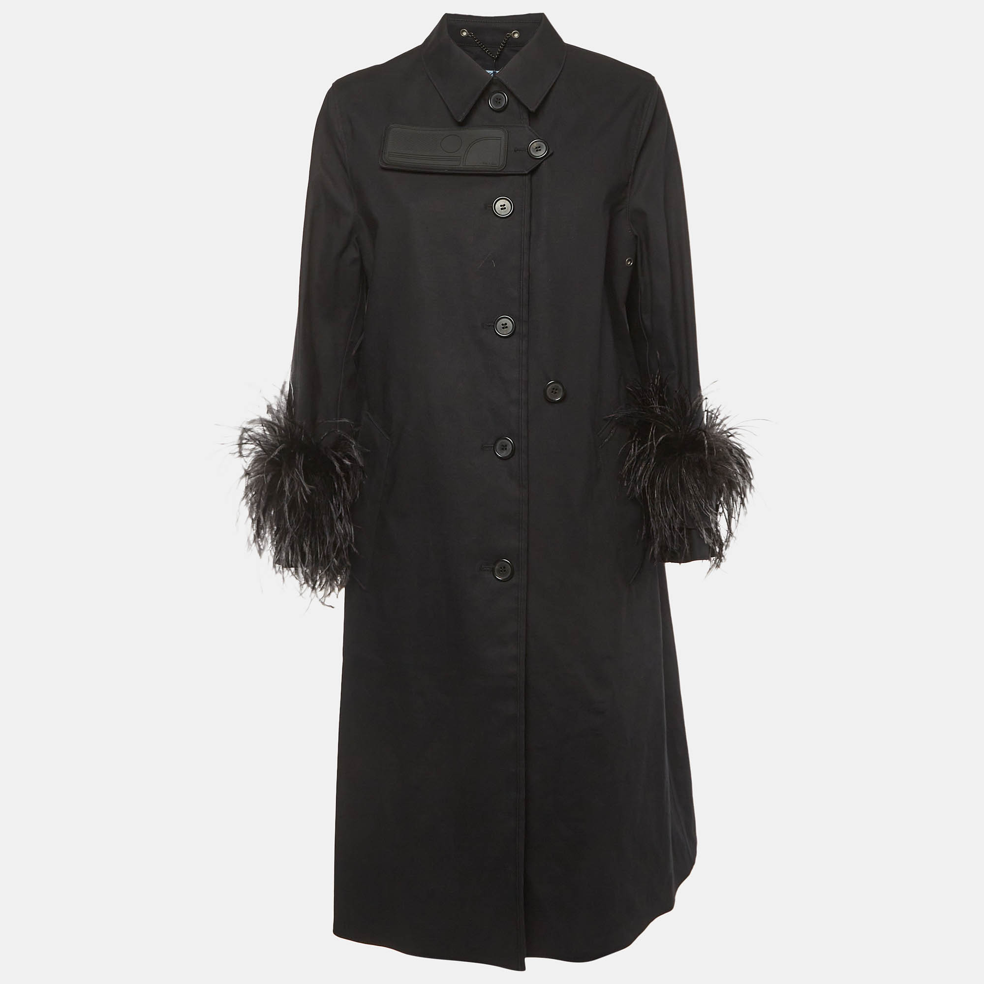 

Prada Black Cotton and Feather Trim Single Breasted Coat S