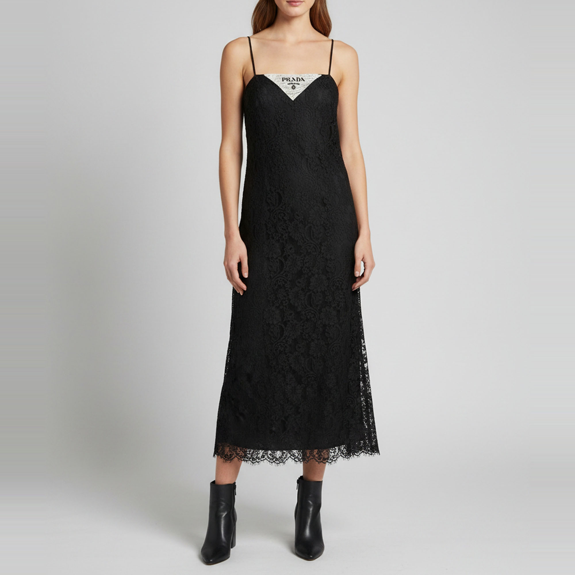 

Prada Black Logo Print Floral Lace Slip Midi Dress S
