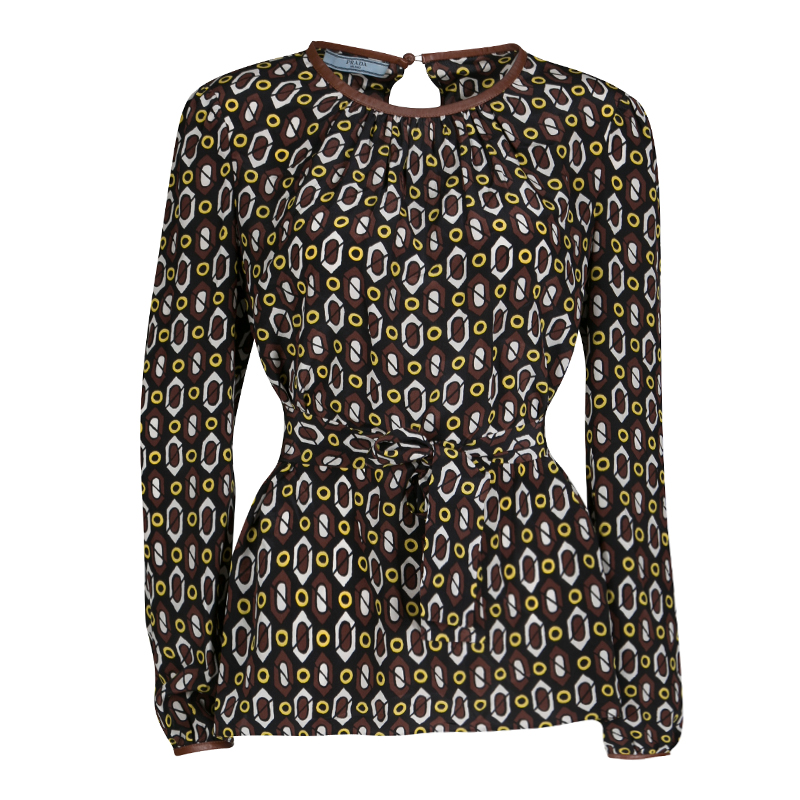 Pre Owned Prada Multicolor Printed Silk Leather Trim Long Sleeve Belted Blouse M 