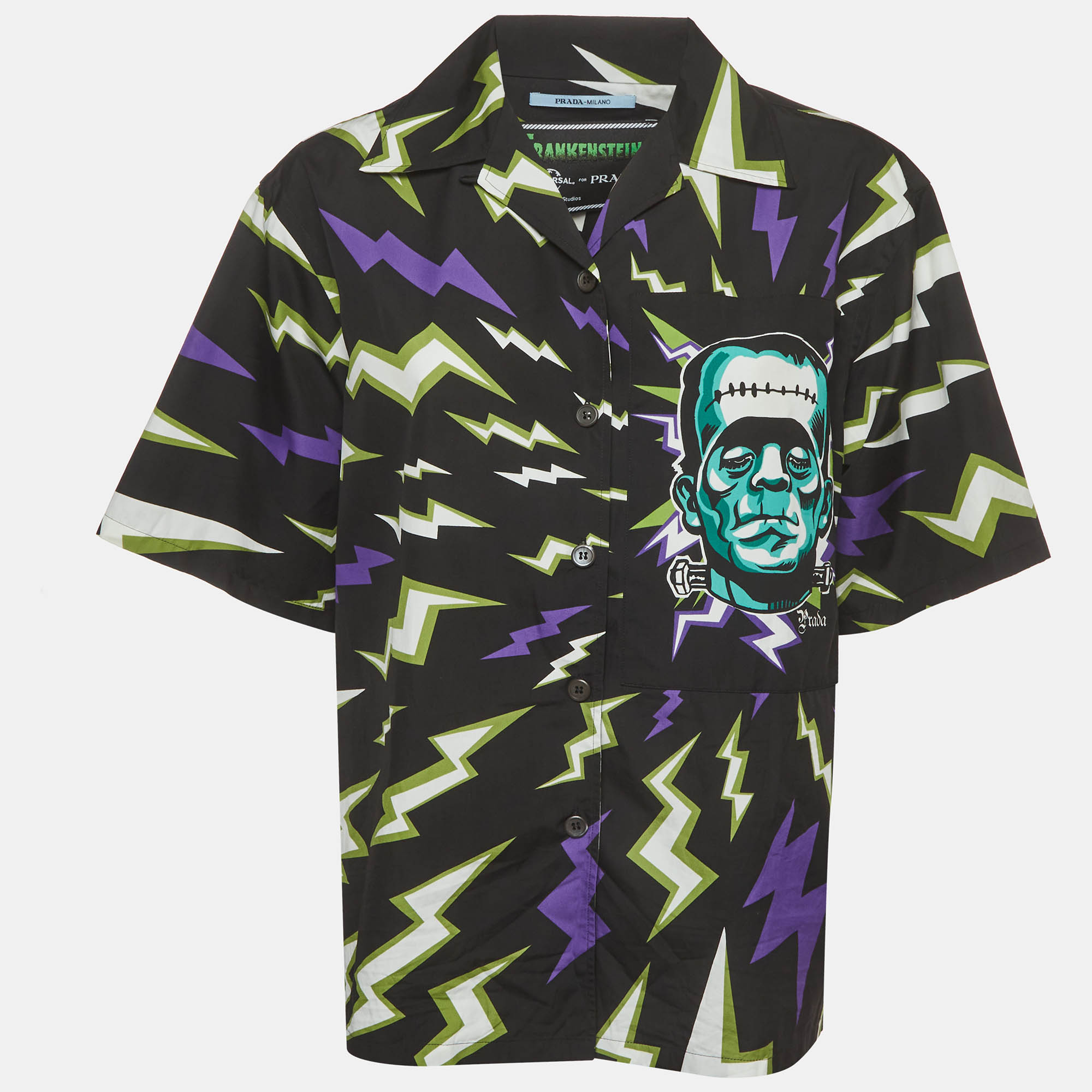 

Prada x Universal Studios Cotton Frankenstein Lightning Bolt Bowling Shirt M, Black