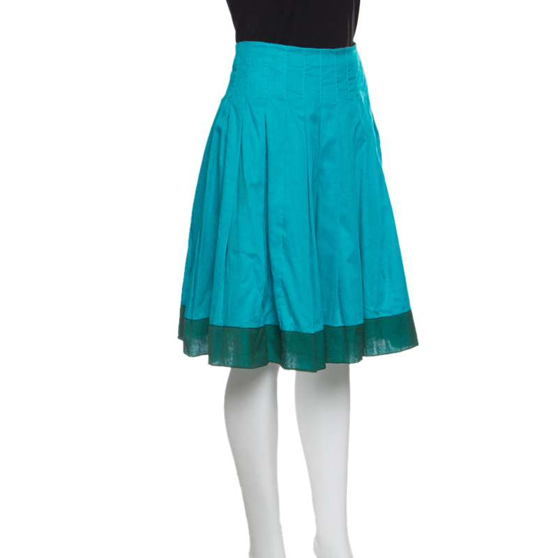 Pre-owned Prada Blue Cotton Contrast Silk Trim Detail Pleated Skirt M